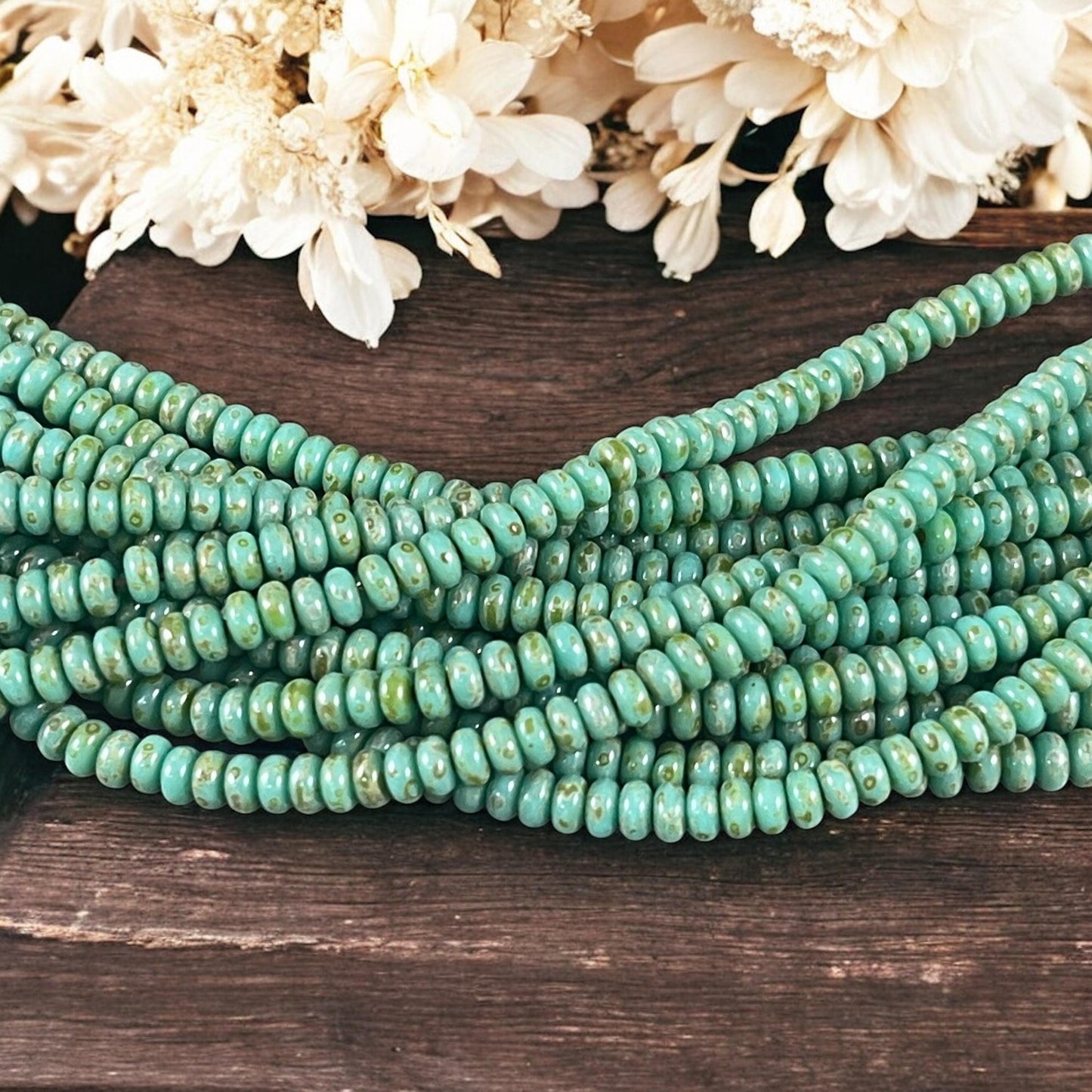 Czech Glass Beads - Turquoise Picasso Spacer Beads 3x2mm Rondelle Turquoise Heishi Rondelle (RD3/SM-T6313) - Qty. 100