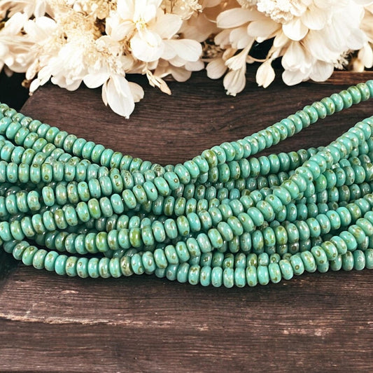 Czech Glass Beads - Turquoise Picasso Spacer Beads 3x2mm Rondelle Turquoise Heishi Rondelle (RD3/SM-T6313) - Qty. 100