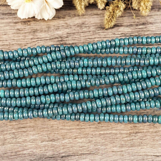 Czech Glass Beads - 3x2mm Heishi Rondelle, Turquoise Blue and Bronze Picasso (RD3/SM-BT6313) * Qty. 100
