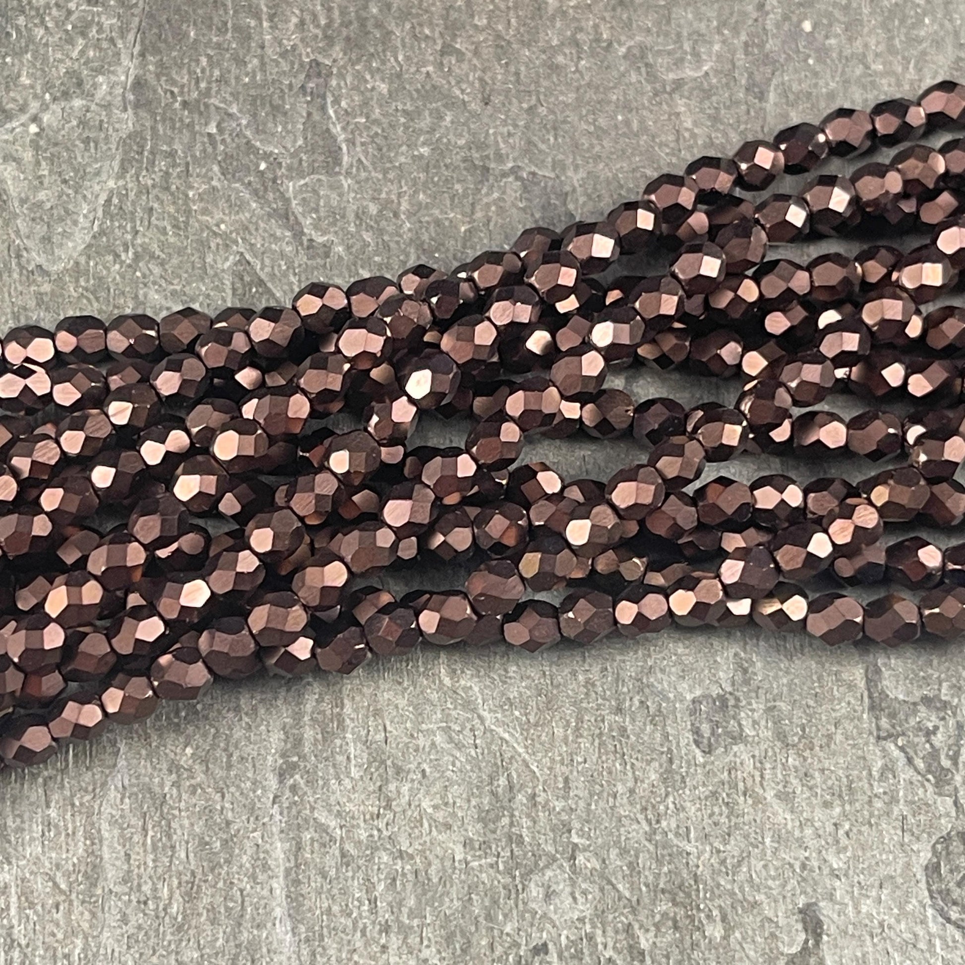 Czech Glass Beads - 4mm Faceted Round Bronze Spacer Beads, Matte Bronze Metallic (FP4/SM-M14415) * Qty. 50