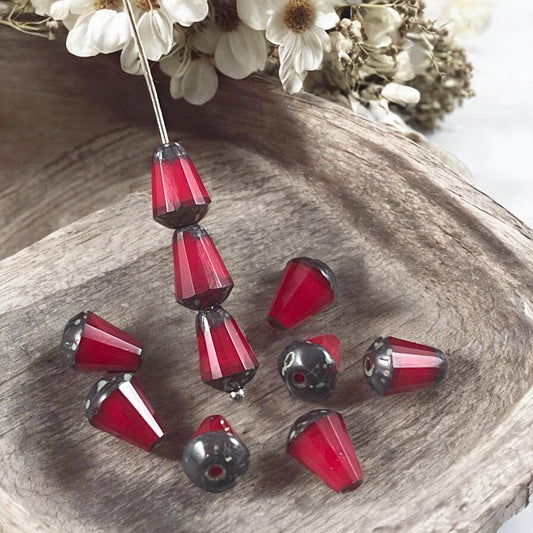 Czech Glass Beads - 8mm Beveled Teardrop, Ruby Red Opaline Teardrop Beads (DRO/RJ-2460) * Qty. 15
