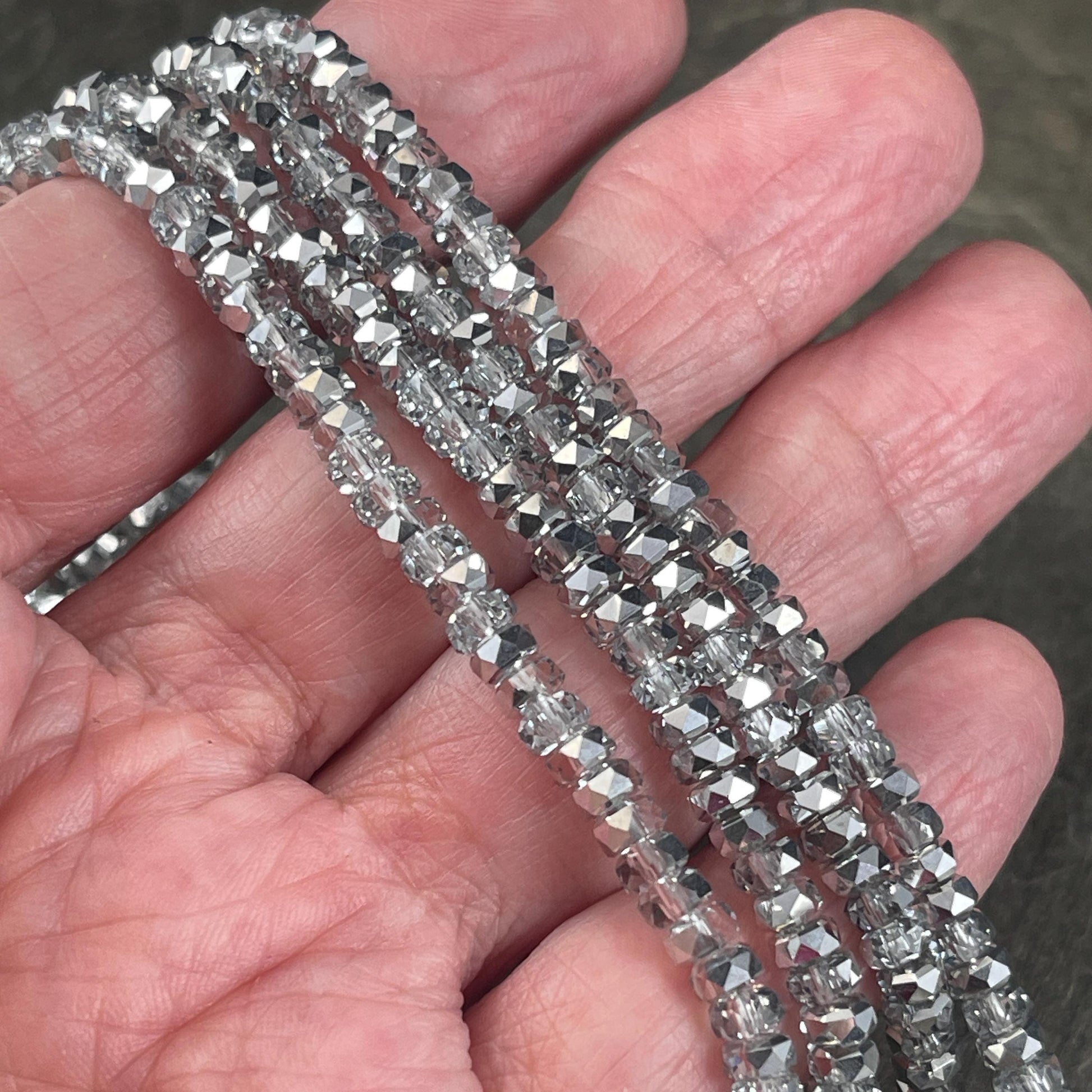 Faceted Glass Beads - 4x2.5mm Heishi Rondelles, Crystal Clear with Silver Half Tone (Silver) * 7" Strand