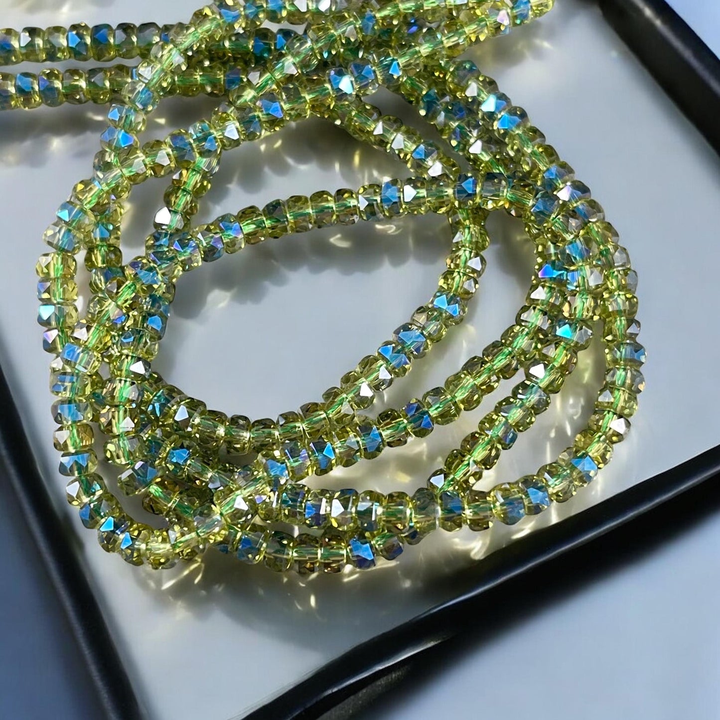 Faceted Glass Beads - 4x2.5mm Heishi Rondelles, Transparent Olive Green with Rainbow AB Finish (Peridot-AB) * 7" Strand