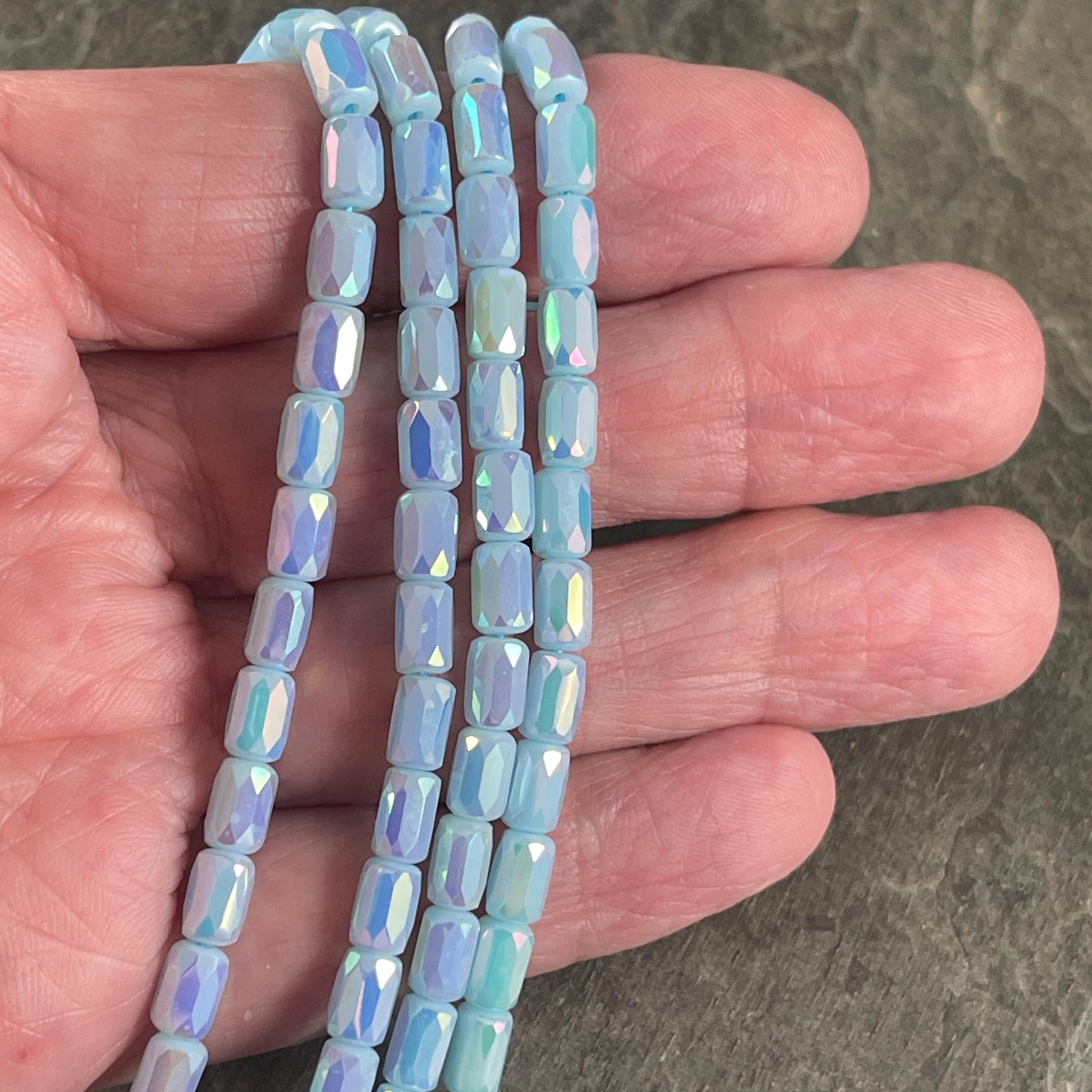 Faceted Glass Tube Beads, 7x4mm Tube Bead with Facets and AB Finish (BabyBlue) * 7" Strand