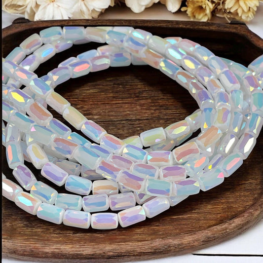 Faceted Glass Tube Beads, 7x4mm Tube Bead with Facets and AB Finish (White AB) * 7" Strand