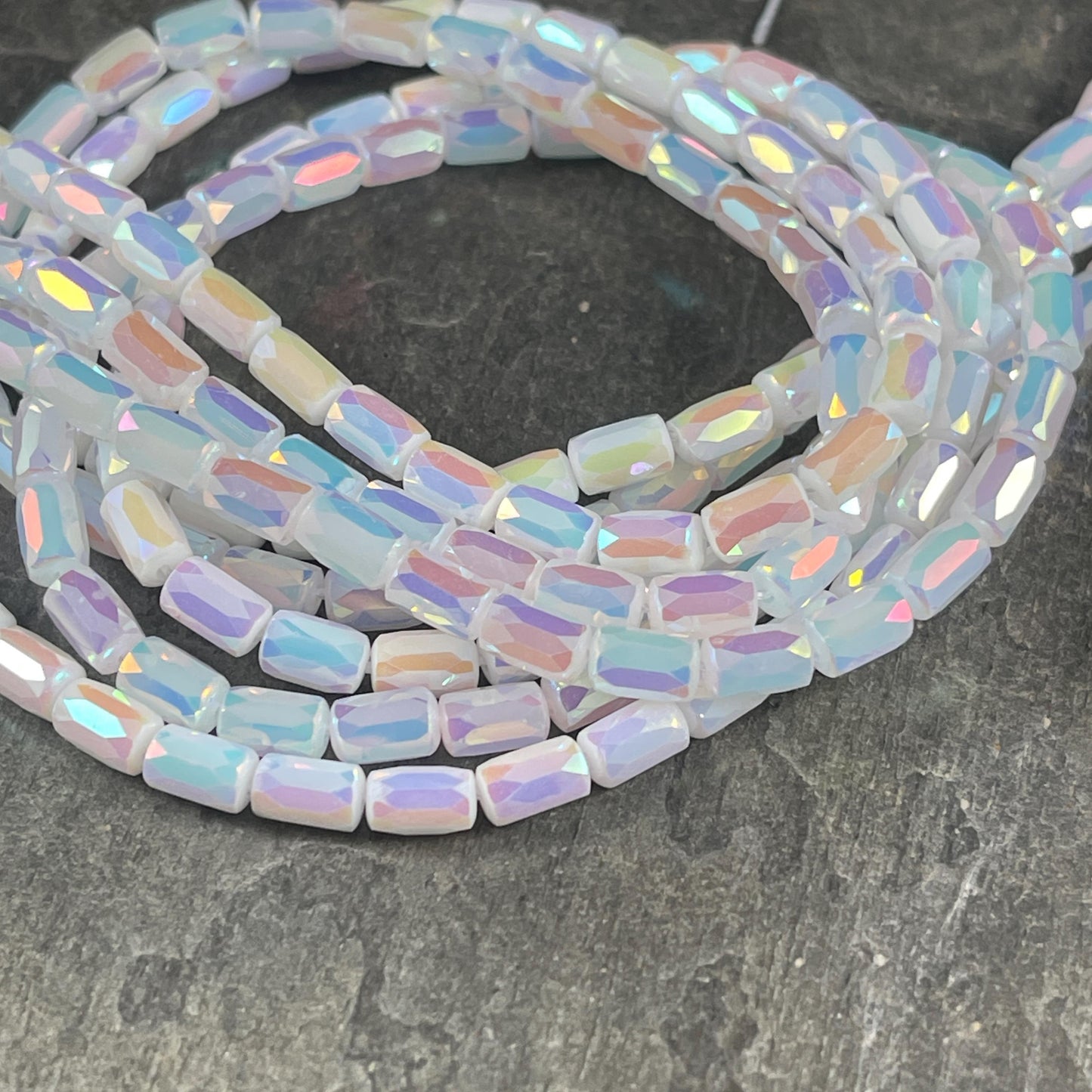 Faceted Glass Tube Beads, 7x4mm Tube Bead with Facets and AB Finish (White AB) * 7" Strand