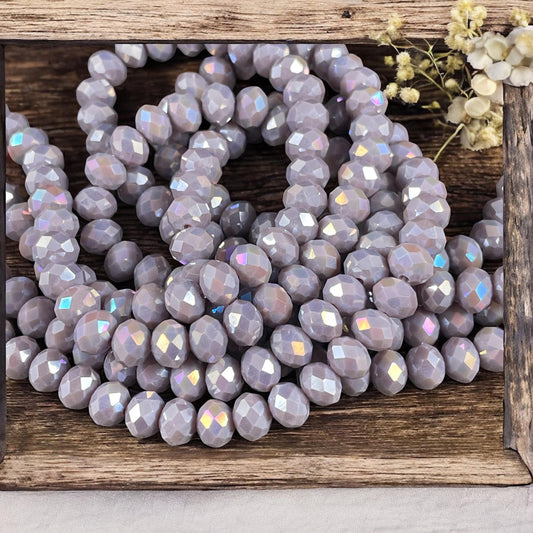 Taupe 8x6mm Rondelle, Smokey Taupe Faceted Glass Beads with AB Finish (TaupeAB-8) * 36 Beads