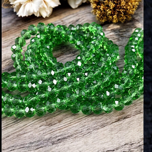 Transparent Green 8x6mm Rondelle, Grass Green Faceted Glass Beads (GreenGrass-8) * 36 Beads