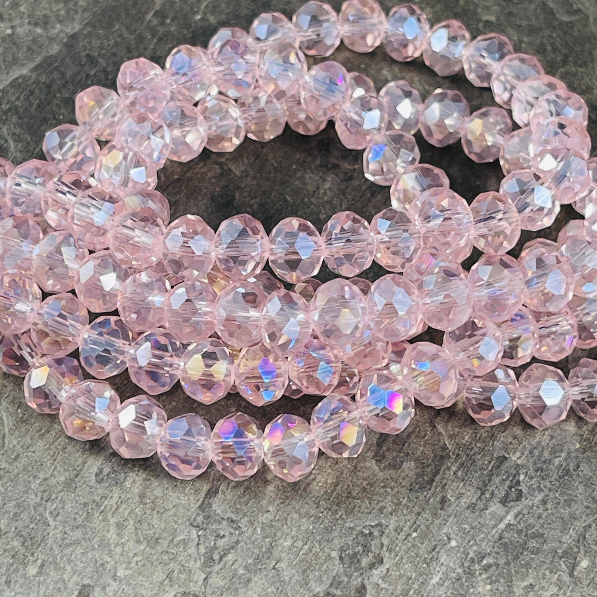 Transparent Light Pink 8x6mm Rondelle, Pastel, Blush Pink Faceted Glass Beads with AB Finish (BlushAB-8) * 36 Beads