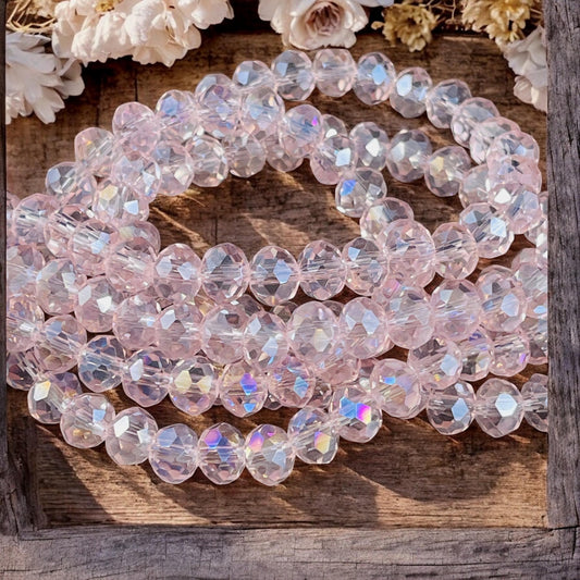 Transparent Light Pink 8x6mm Rondelle, Pastel, Blush Pink Faceted Glass Beads with AB Finish (BlushAB-8) * 36 Beads