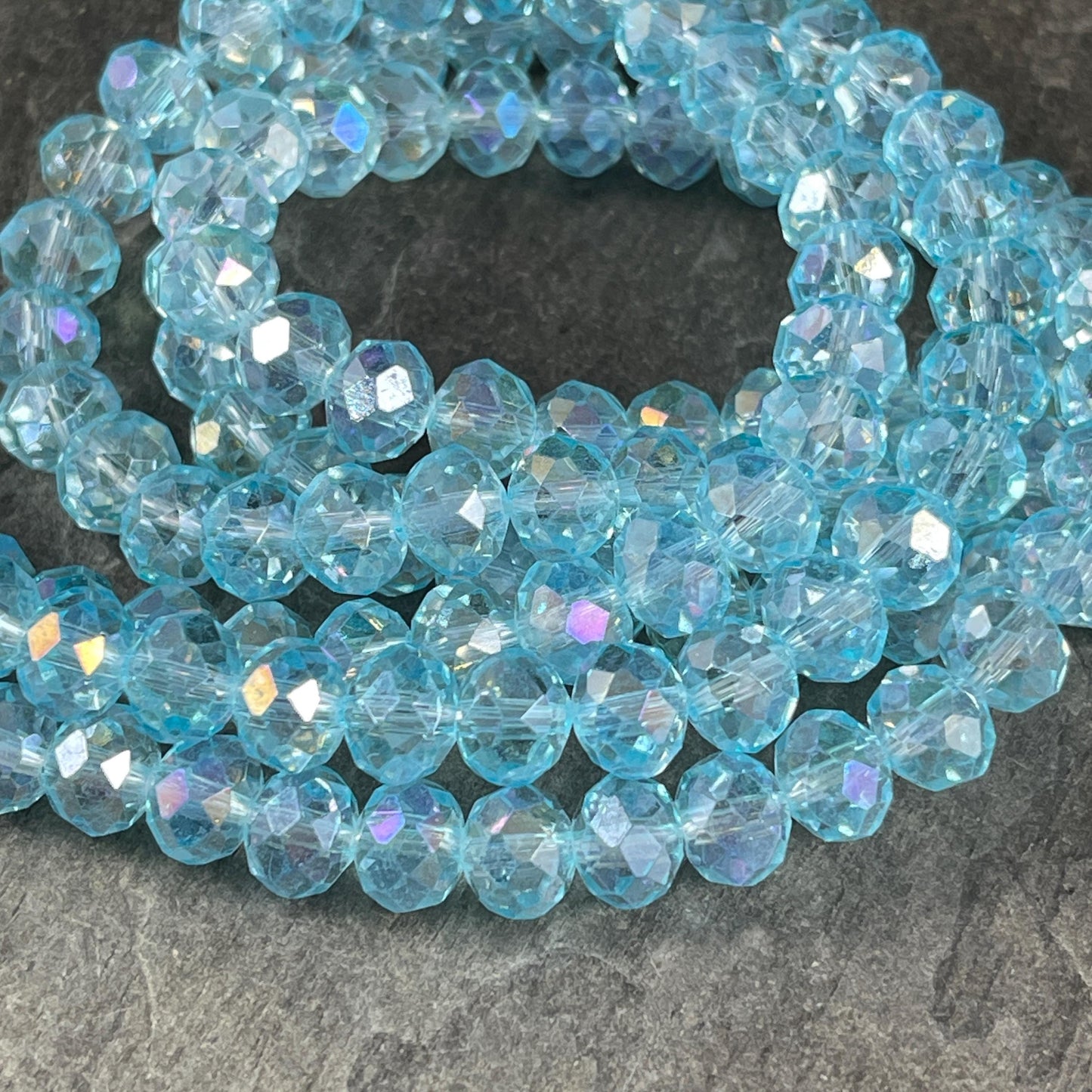 Transparent Aquamarine 8x6mm Rondelle, Light Blue Faceted Glass Beads with AB Finish (AquamarineAB-9) * 36 Beads