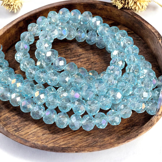 Transparent Aquamarine 8x6mm Rondelle, Light Blue Faceted Glass Beads with AB Finish (AquamarineAB-9) * 36 Beads