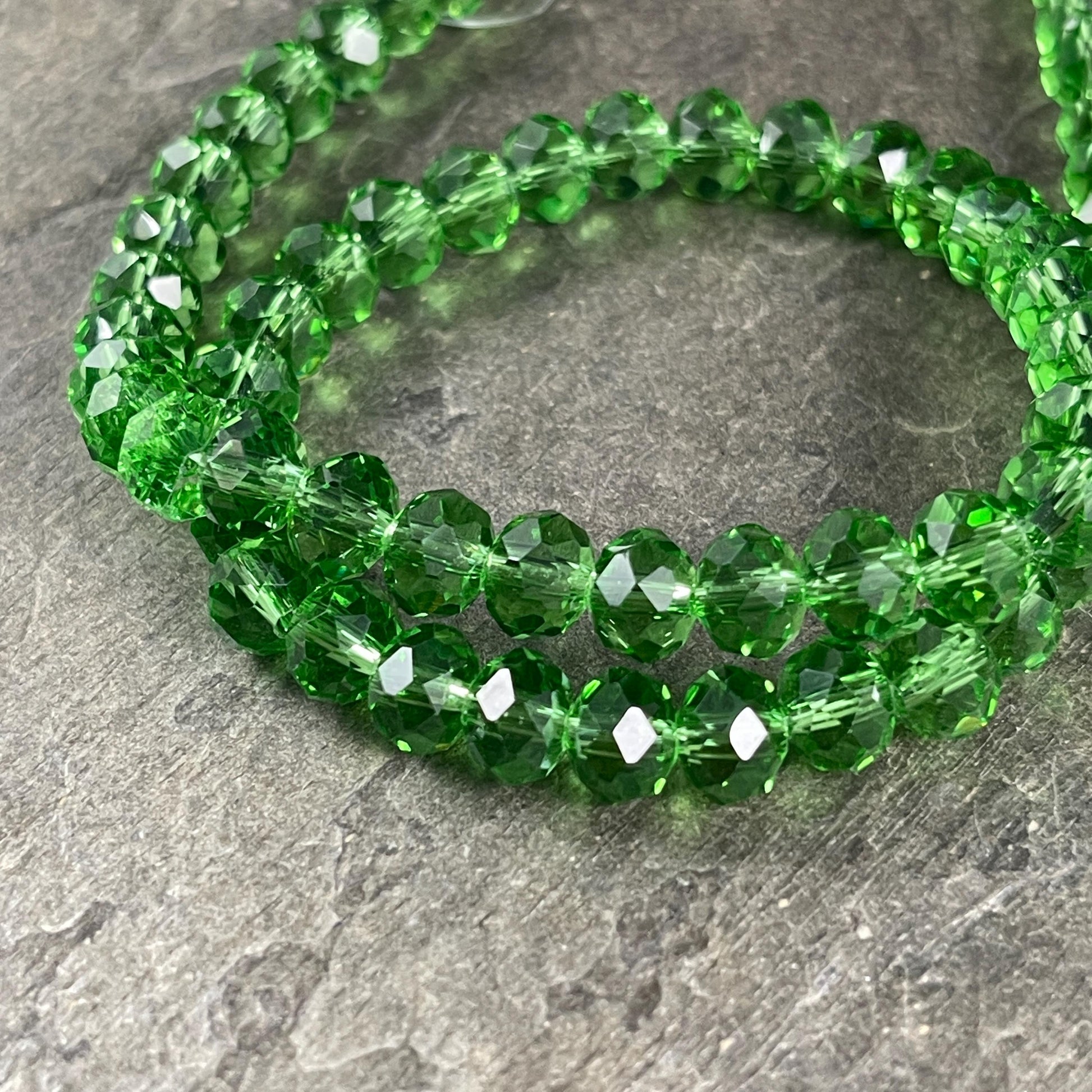 Transparent Green 8x6mm Rondelle, Grass Green Faceted Glass Beads (GreenGrass-8) * 36 Beads
