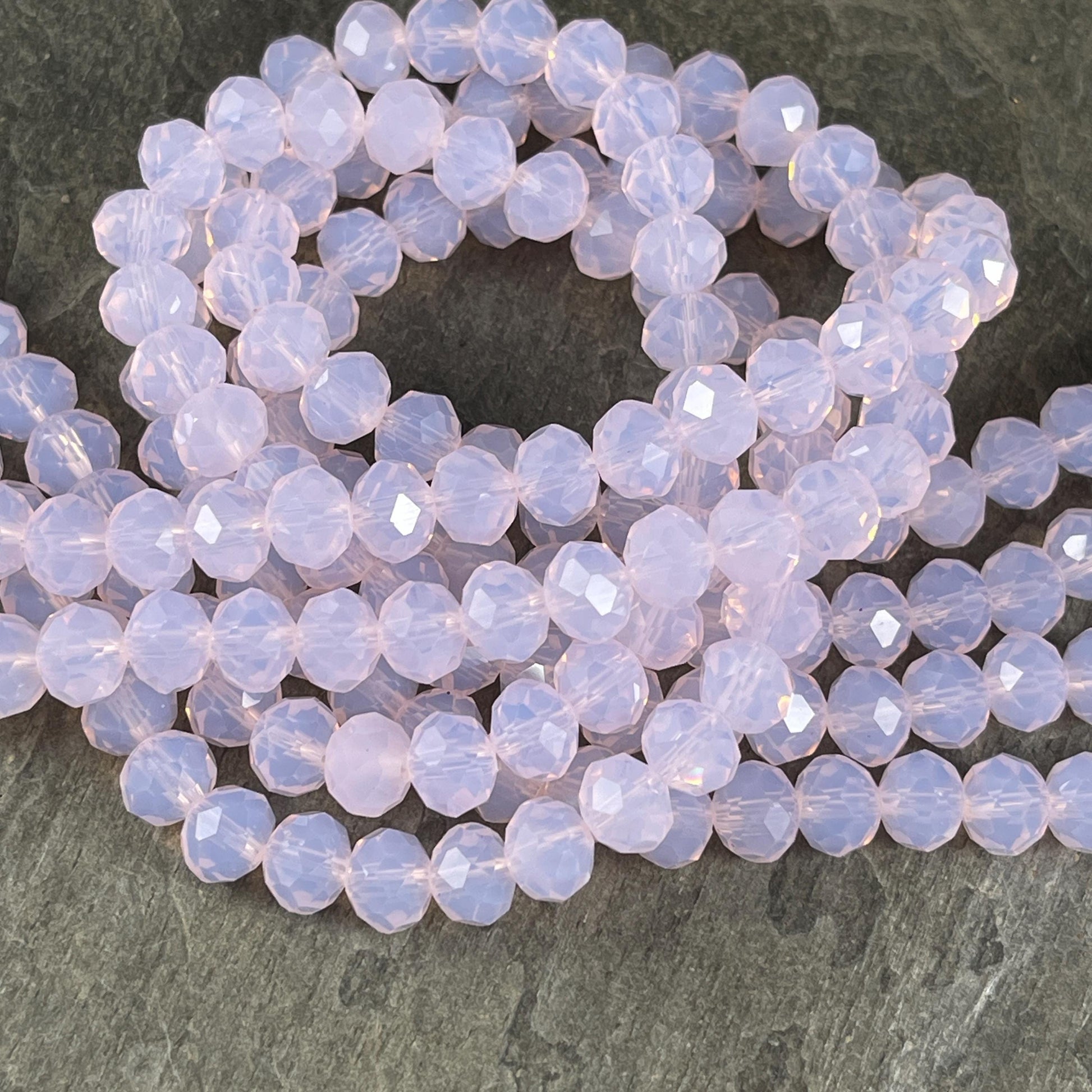 Pale Pink 8x6mm Rondelle, Milky Rose Pink Faceted Glass Beads with AB Finish (MilkyRose-8) * 36 Beads