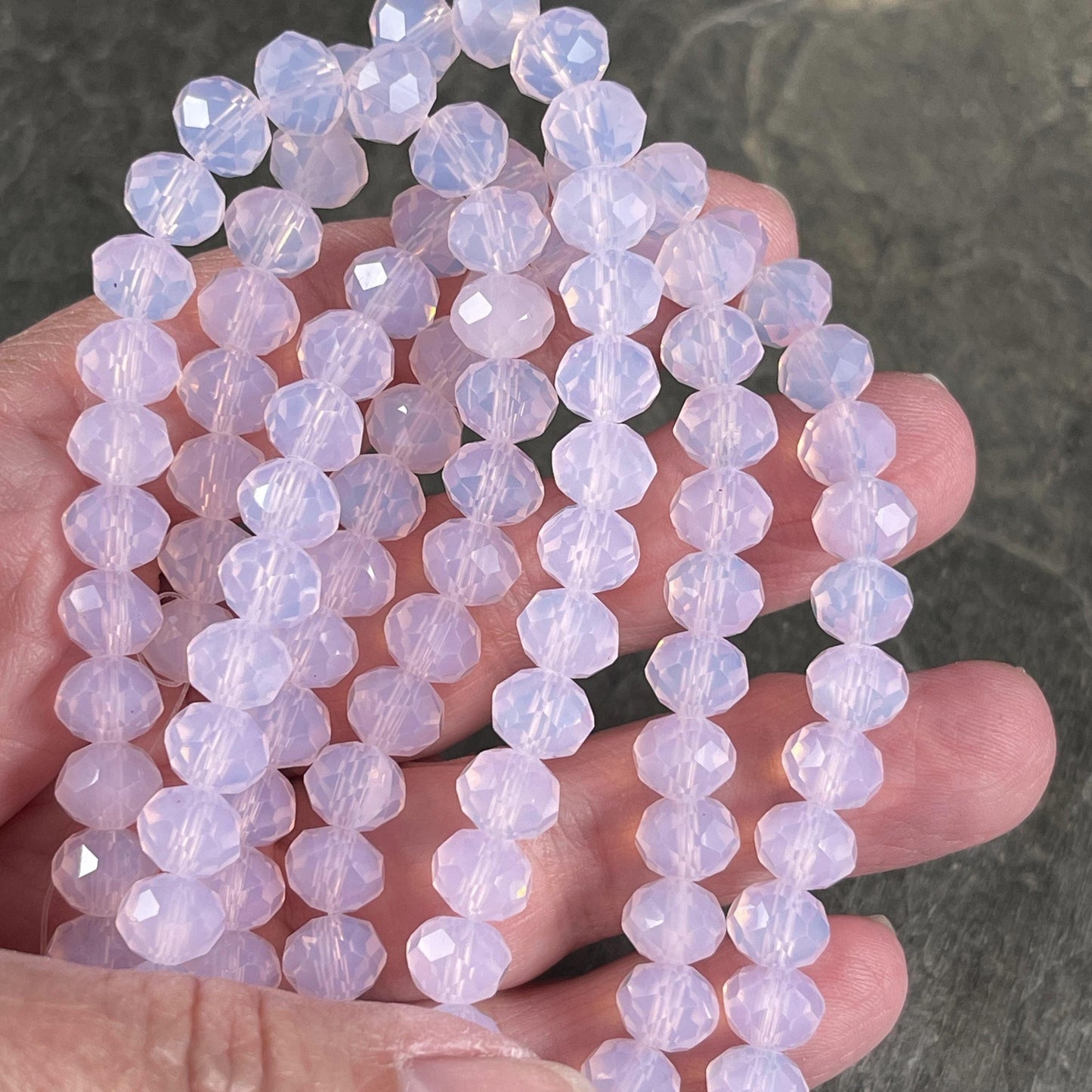 Pale Pink 8x6mm Rondelle, Milky Rose Pink Faceted Glass Beads with AB Finish (MilkyRose-8) * 36 Beads