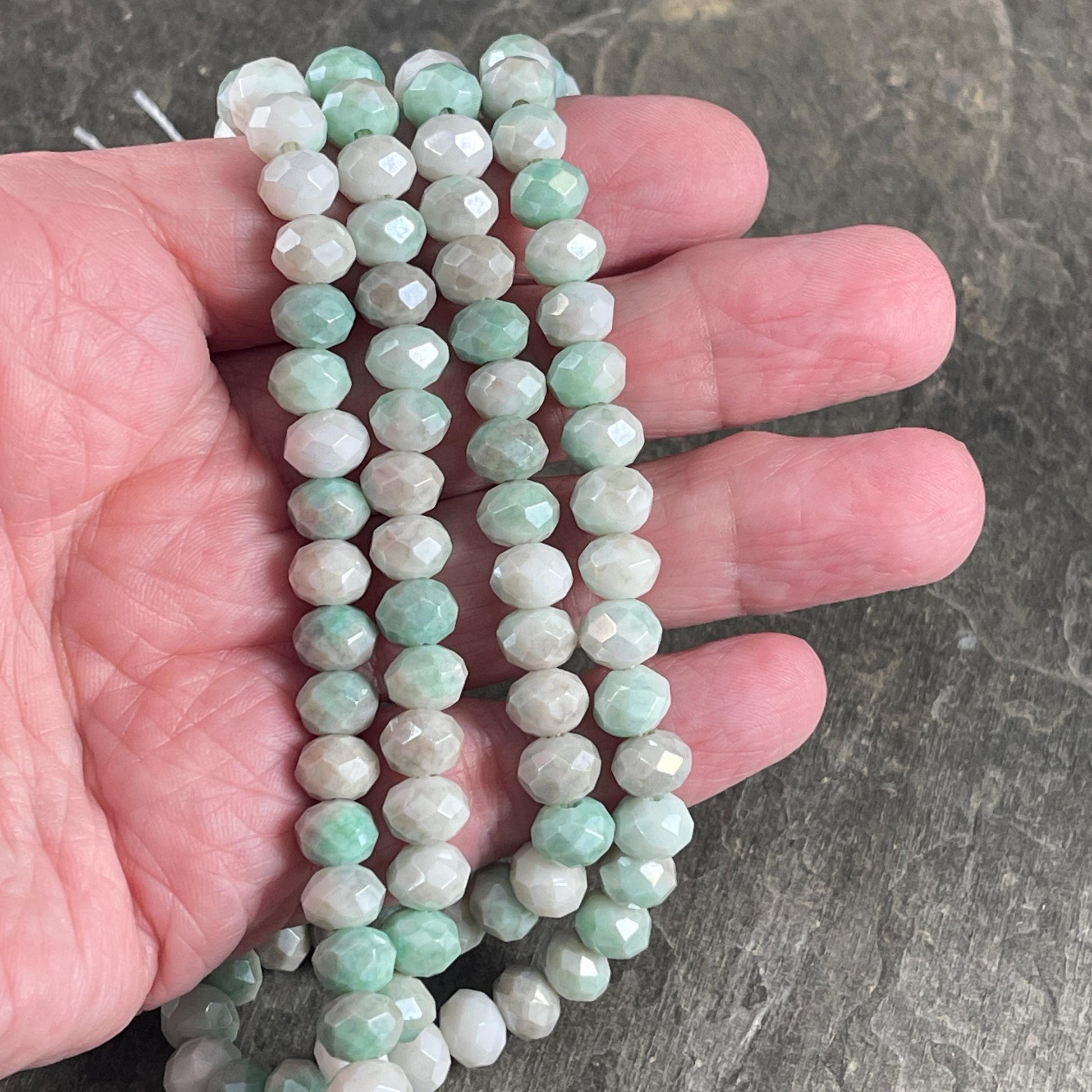 Green, Gray and White 8x6mm Rondelle, Green and Gray Faceted Glass Beads with AB Finish (Green/Gray-8) * 60 Beads