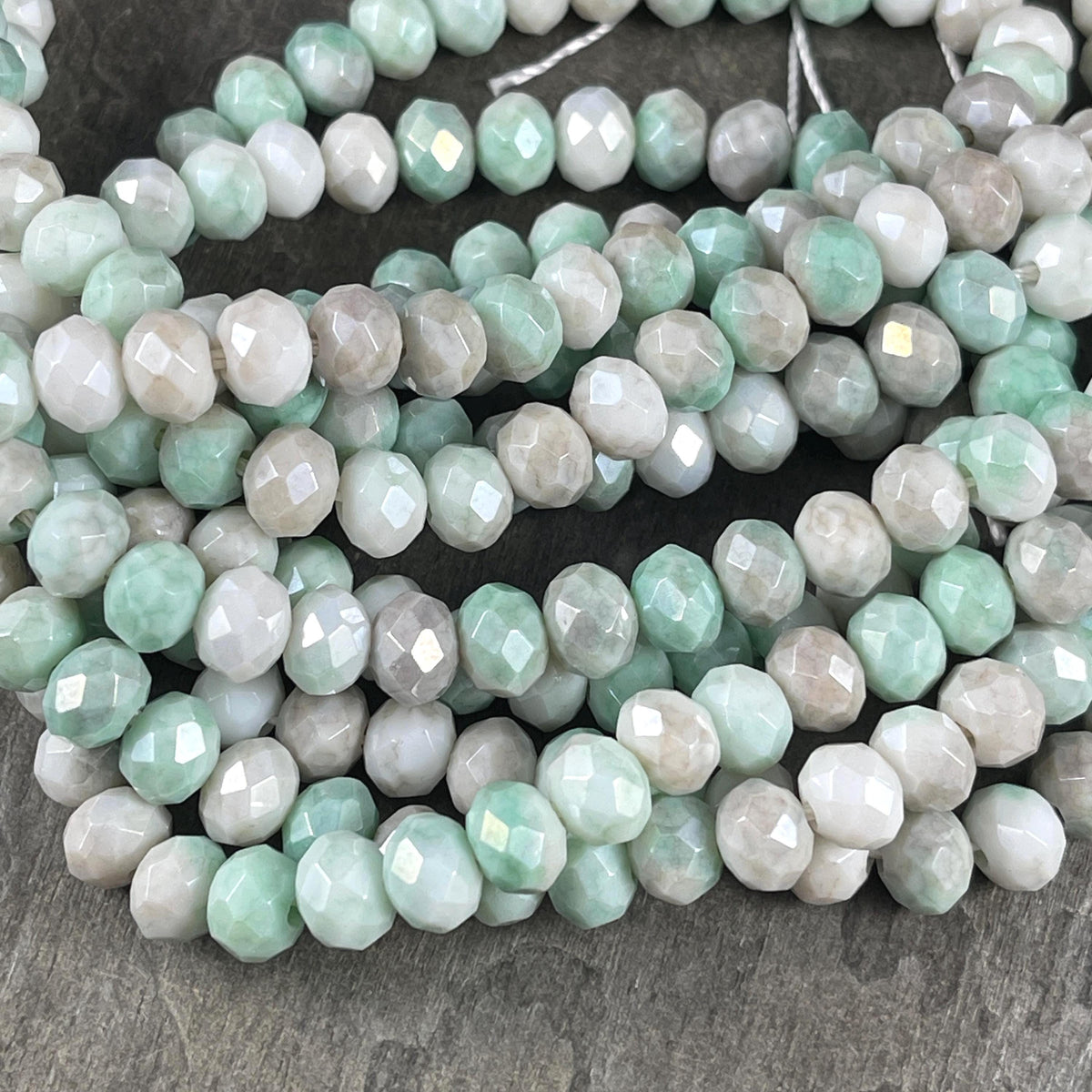 8x6mm Rondelle, Green, White and Gray Faceted Glass Beads (Green/Gray-8) * 60 Beads
