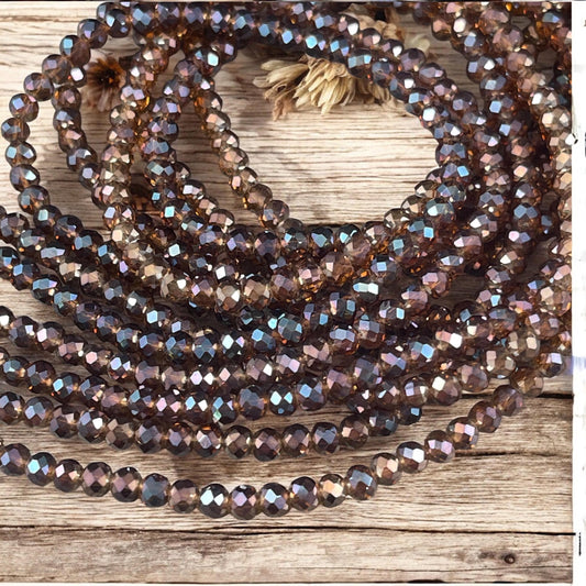 Transparent Brown 4x3mm Faceted Glass Beads, Dark Topaz with AB Finish (BrownAB-4) * 100 Beads