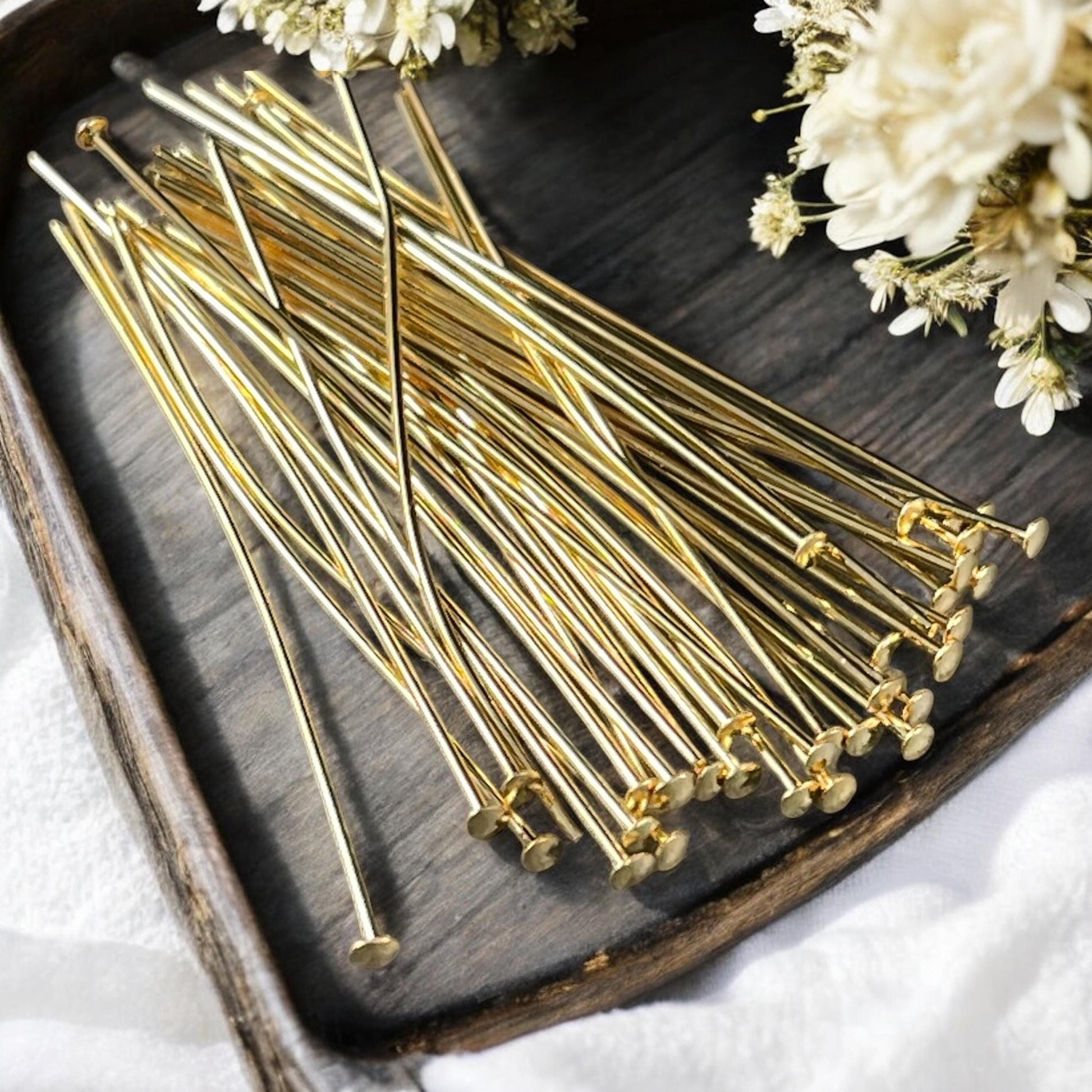 Gold Head Pins, 2" Gold Plated Brass Headpins, 21-gauge Flat Head Pins (5406) * Qty. 50