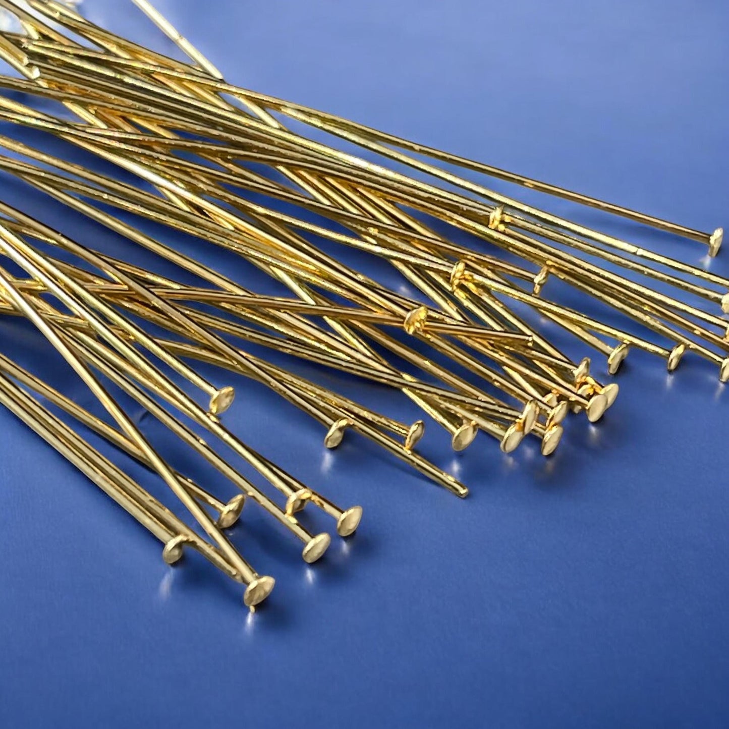 Gold Head Pins, 2" Gold Plated Brass Headpins, 21-gauge Flat Head Pins (5406) * Qty. 50