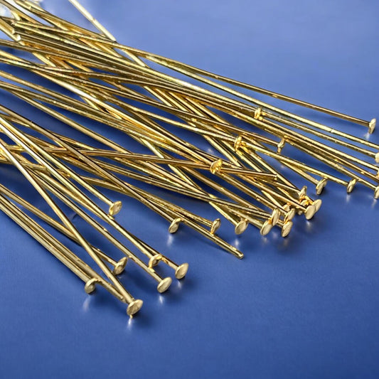 Gold Head Pins, 2" Gold Plated Brass Headpins, 21-gauge Flat Head Pins (5406) * Qty. 50