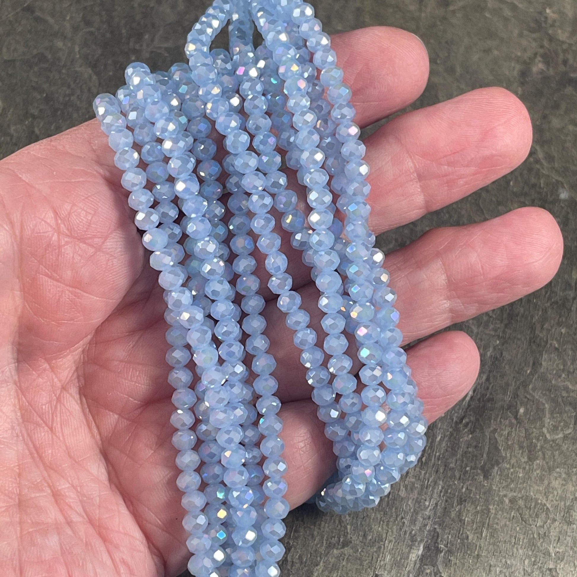 Light Blue 4x3mm Faceted Glass Beads, Pastel Blue with AB Finish (LtBlueAB-4) * 100 Beads