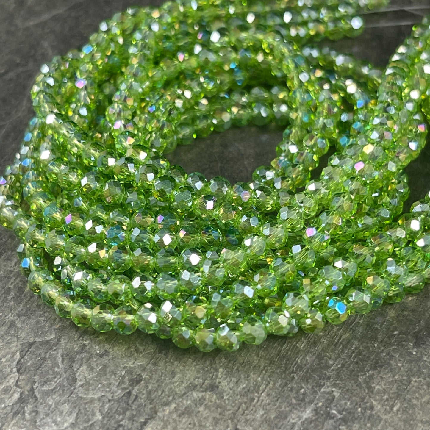 Transparent Green 4x3mm Faceted Glass Beads, Peridot Green with AB Finish (PeridotAB-4) * 100 Beads
