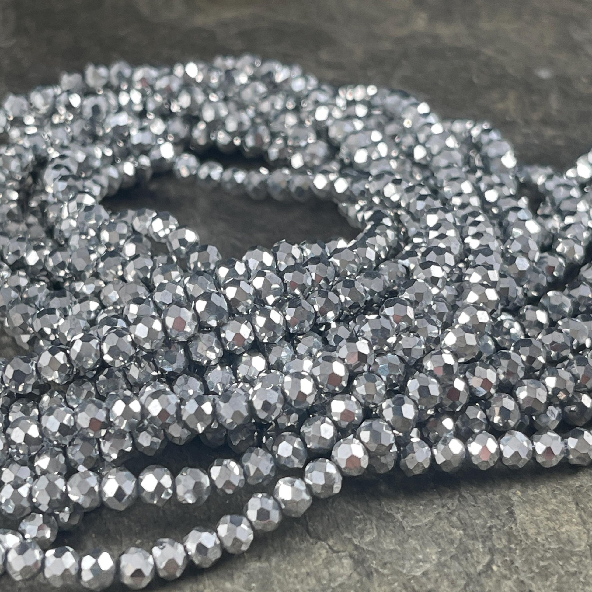 Metallic Silver 4x3mm Faceted Glass Beads, Bright Silver Rondelles (Silver-4) * 100 Beads