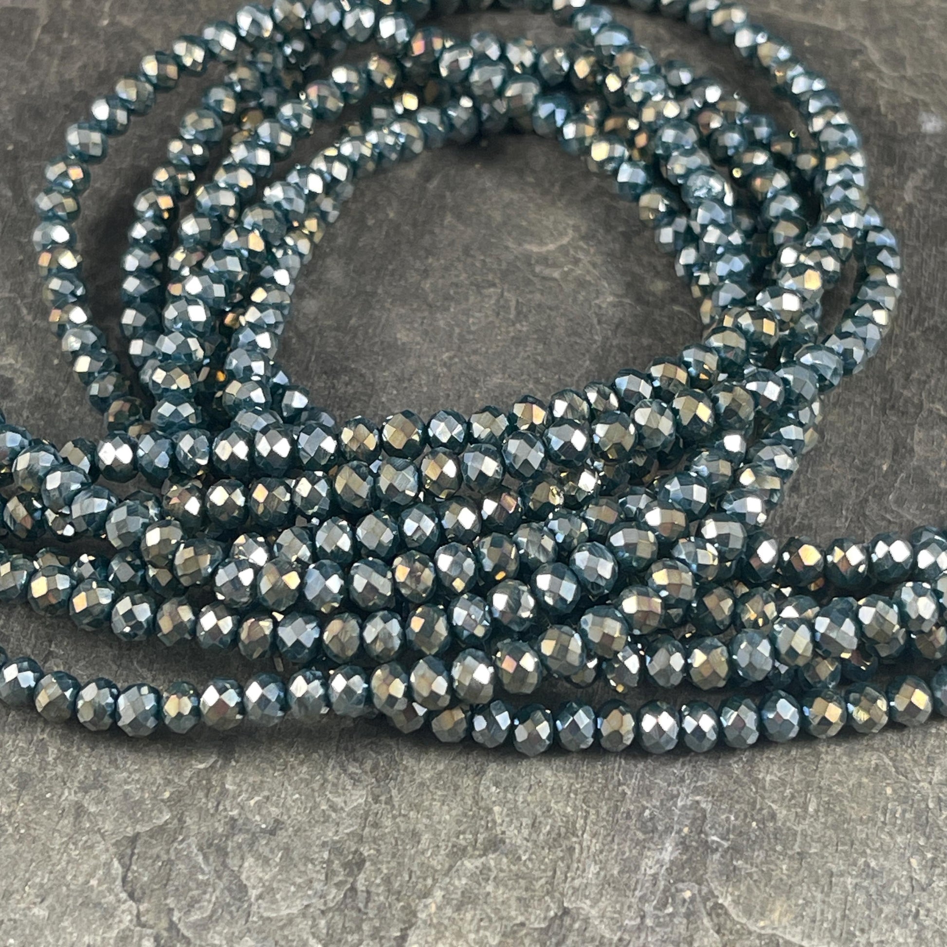 Hematite 4x3mm Faceted Glass Beads, Gunmetal, Dark Gray with AB Finish (HematiteAB-4) * 100 Beads