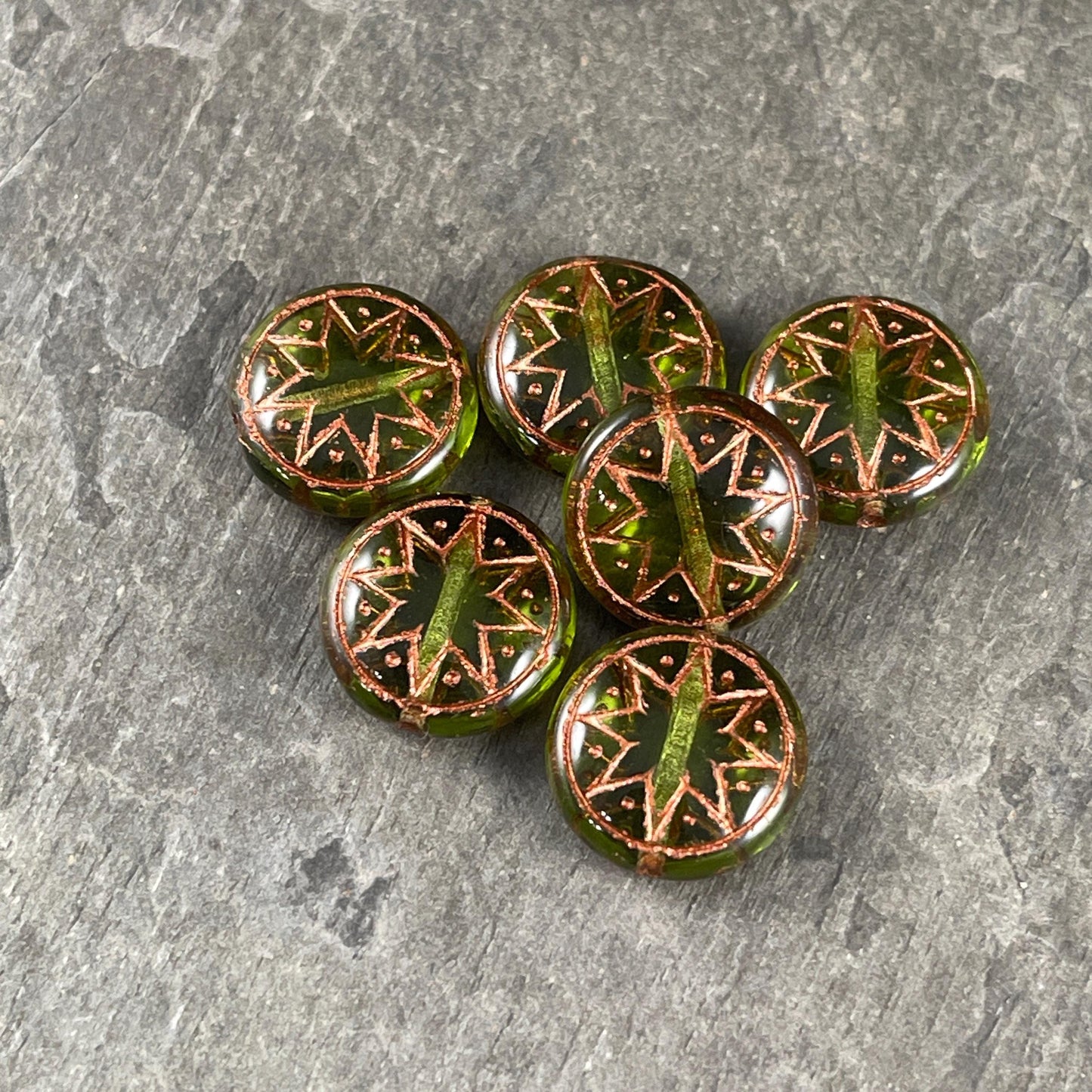 Czech Glass Beads - 14mm Star of Ishtar, Olive Green with Copper Wash (PSOI-36) * Qty. 6