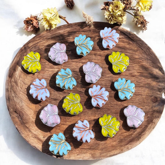 Czech Glass Beads, Pastel Leaf Assortment, 10x13mm Maple Leaf Beads (ML/PBG-16) * Qty. 16