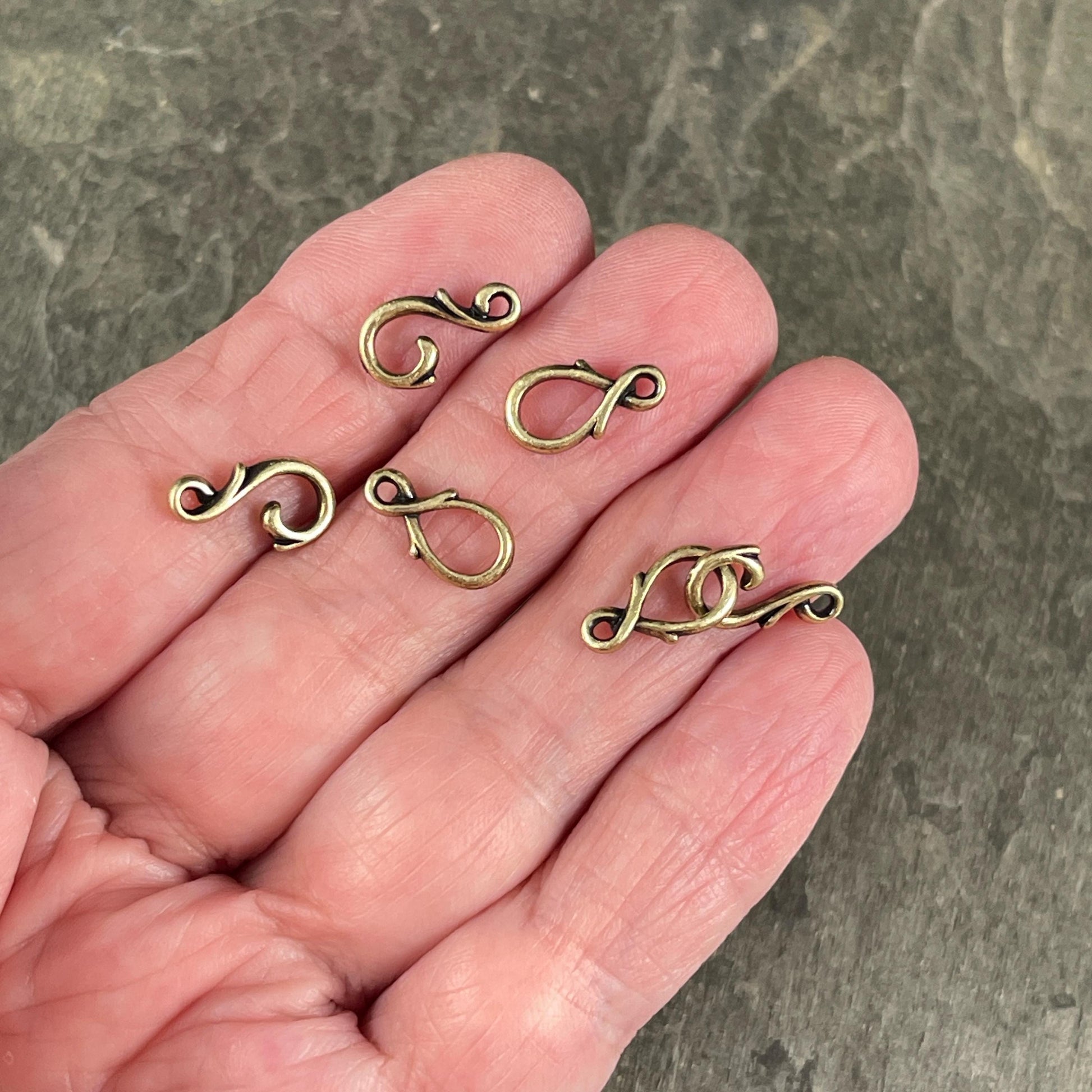 TierraCast Vine Hook and Eye Clasp, Antiqued Brass Plated Pewter, Dainty Copper Clasp (PF/954-57) * Qty. 3 sets