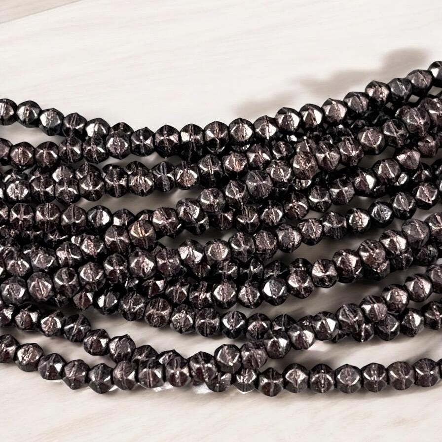 Czech Glass Beads - 3mm English Cut Brown Glass Beads Dark Brown Metallic Matte Dark Bronze Faceted Cube Beads (EC/SM-M14415) - Qty. 50