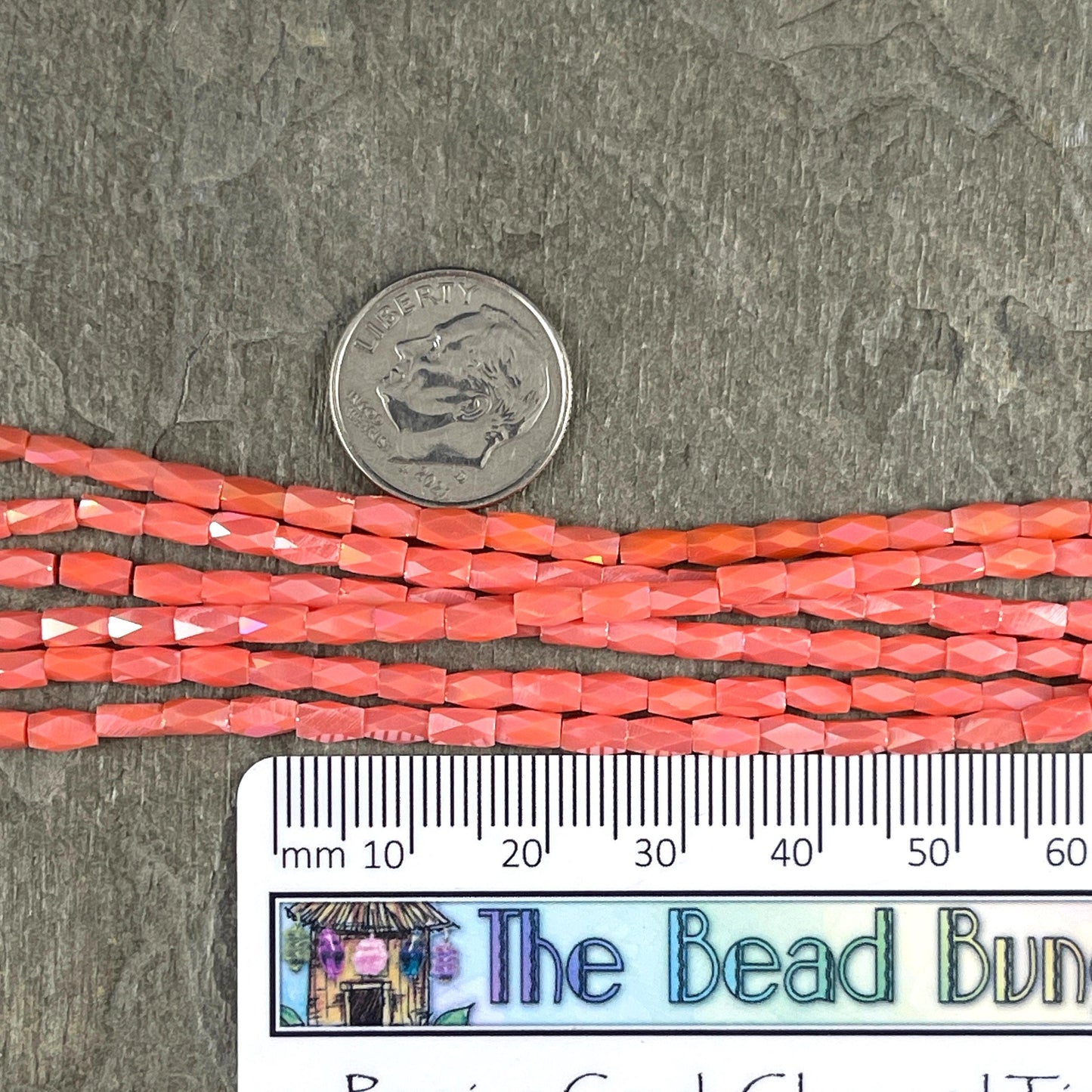 Skinny Faceted Tube Beads, Salmon with High Luster Shine, 5x3mm Peachy Pink Tube Beads (FGT-Salmon) * 17" Strand
