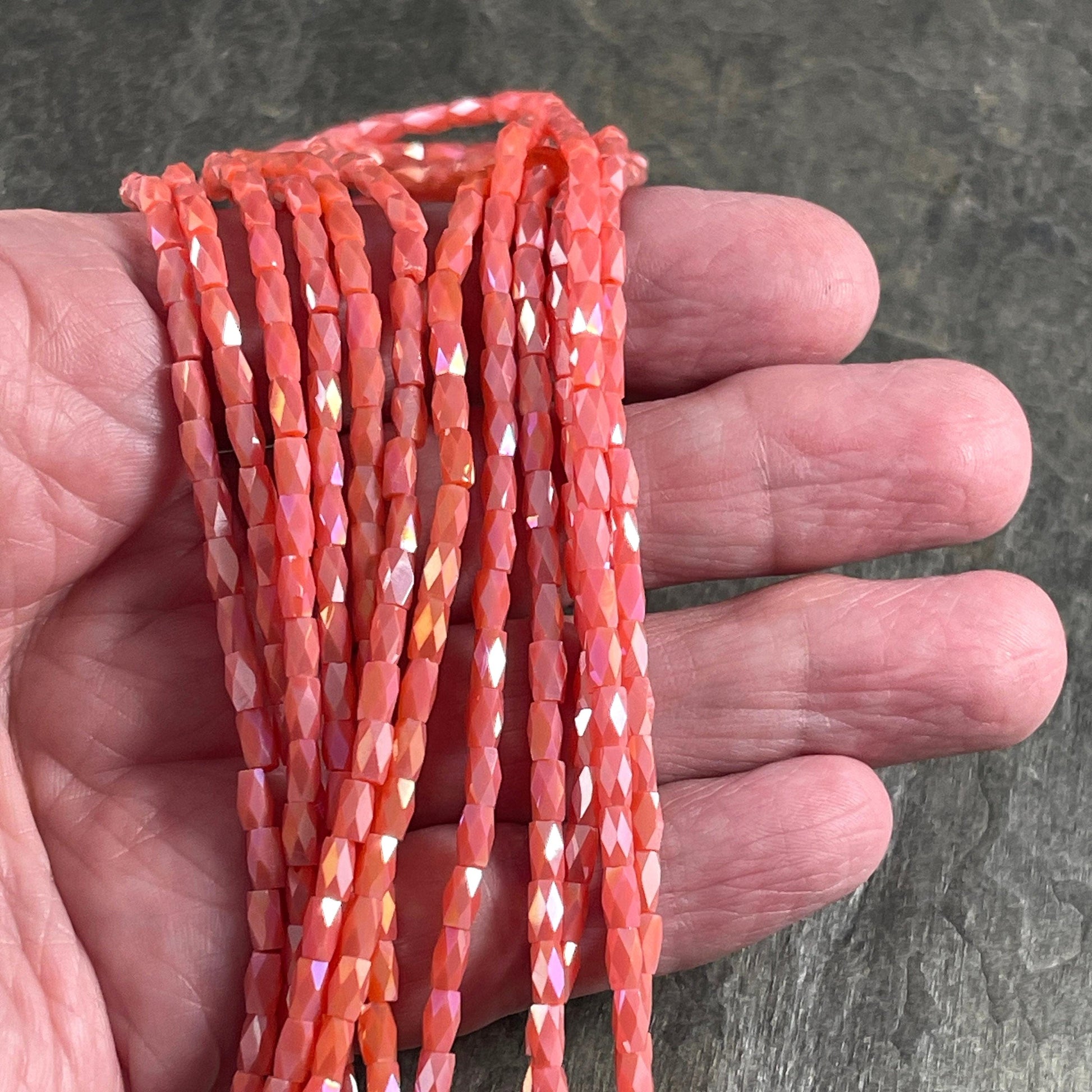 Skinny Faceted Tube Beads, Salmon with High Luster Shine, 5x3mm Peachy Pink Tube Beads (FGT-Salmon) * 17" Strand