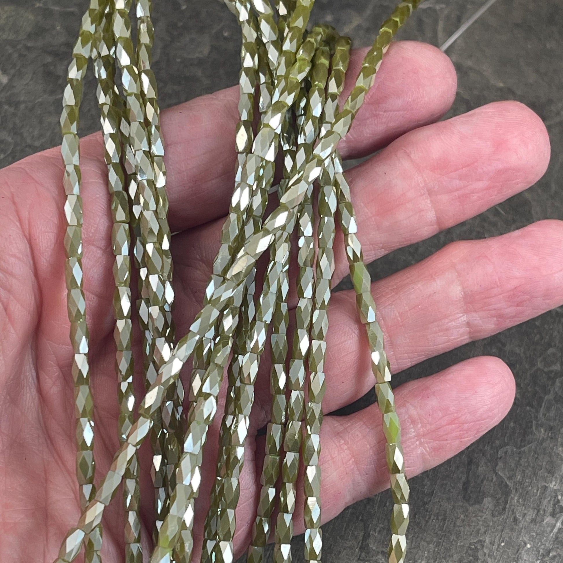 5x3mm Faceted Tube Beads, Olive Green with AB Finish, Skinny Faceted Beads (FGT-OliveGreen) * 19" Strand