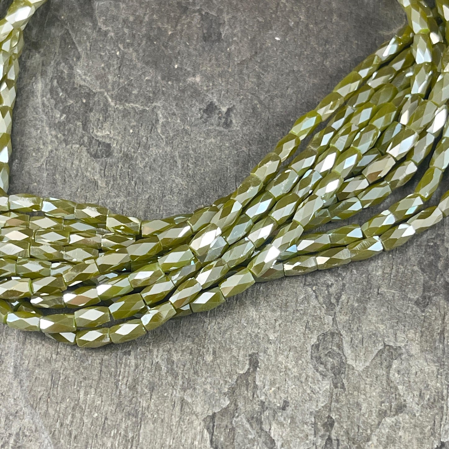 5x3mm Faceted Tube Beads, Olive Green with AB Finish, Skinny Faceted Beads (FGT-OliveGreen) * 19" Strand