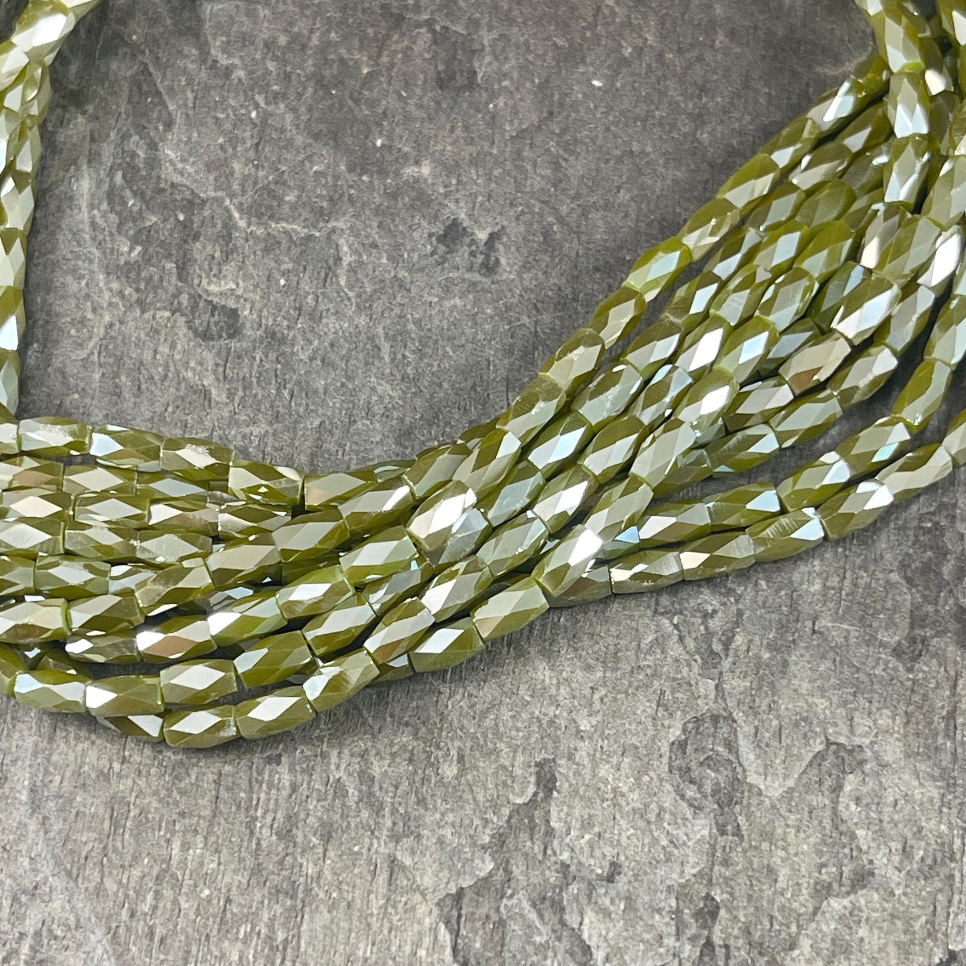 5x3mm Faceted Tube Beads, Olive Green with AB Finish, Skinny Faceted Beads (FGT-OliveGreen) * 19" Strand