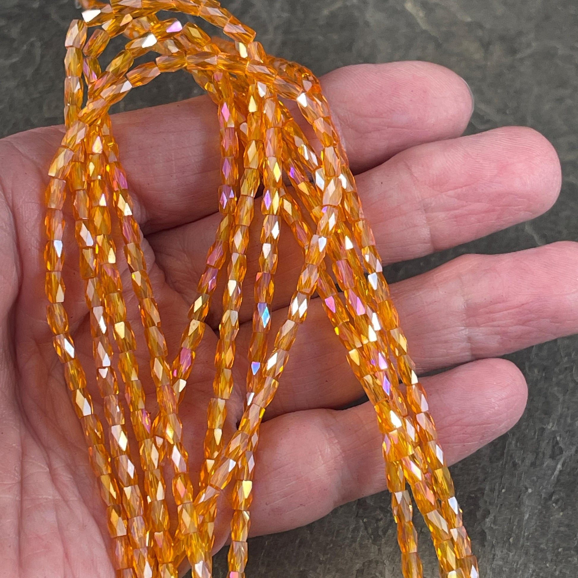 5mm Faceted Tube Beads, Transparent Bright Orange with AB Finish, Faceted Glass Beads (FGT-ORAB) * 18" Strand
