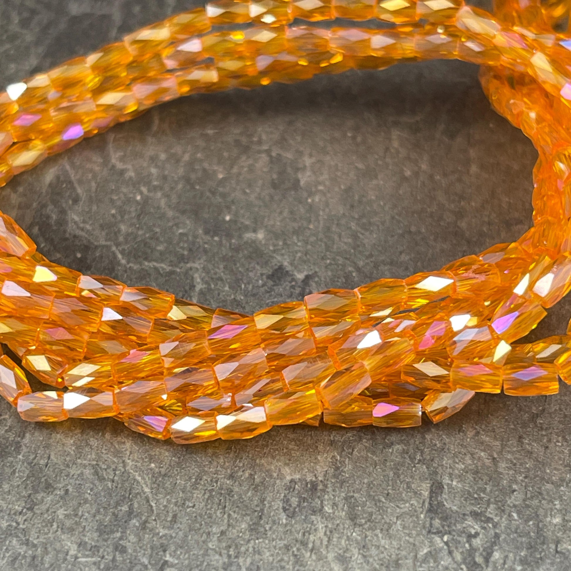5mm Faceted Tube Beads, Transparent Bright Orange with AB Finish, Faceted Glass Beads (FGT-ORAB) * 18" Strand