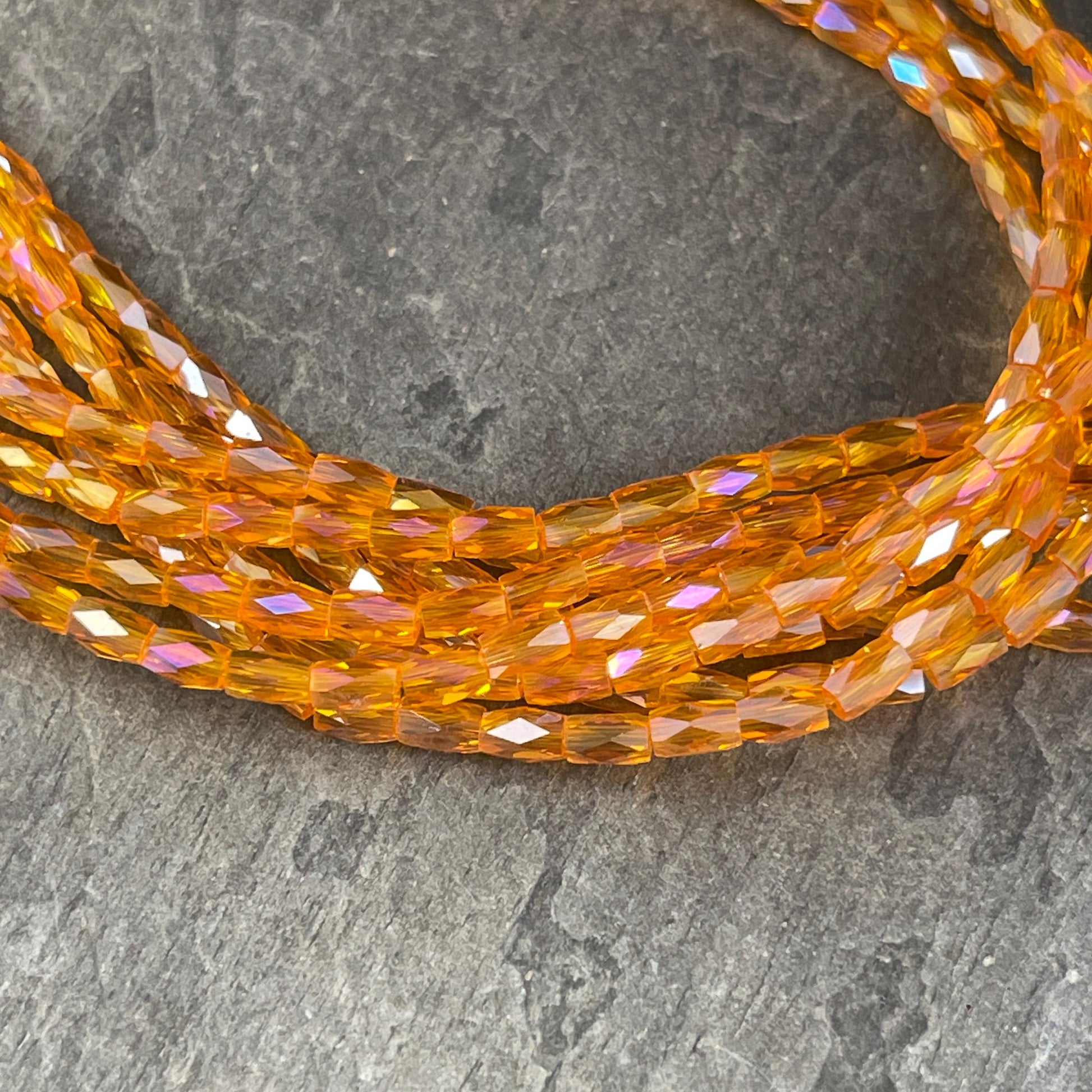 5mm Faceted Tube Beads, Transparent Bright Orange with AB Finish, Faceted Glass Beads (FGT-ORAB) * 18" Strand