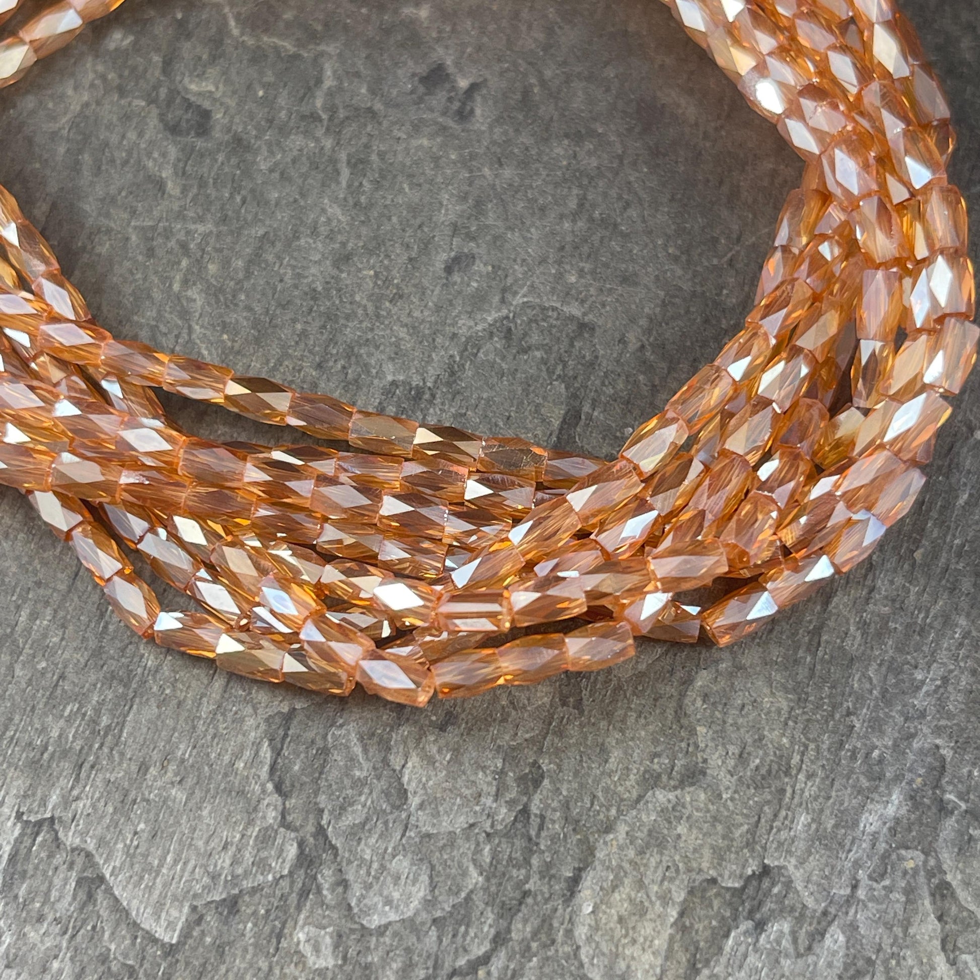 5mm Faceted Tube Beads, Transparent Honey Gold with AB Finish, Faceted Glass Beads (FGT-HoneyAB) * 18" Strand