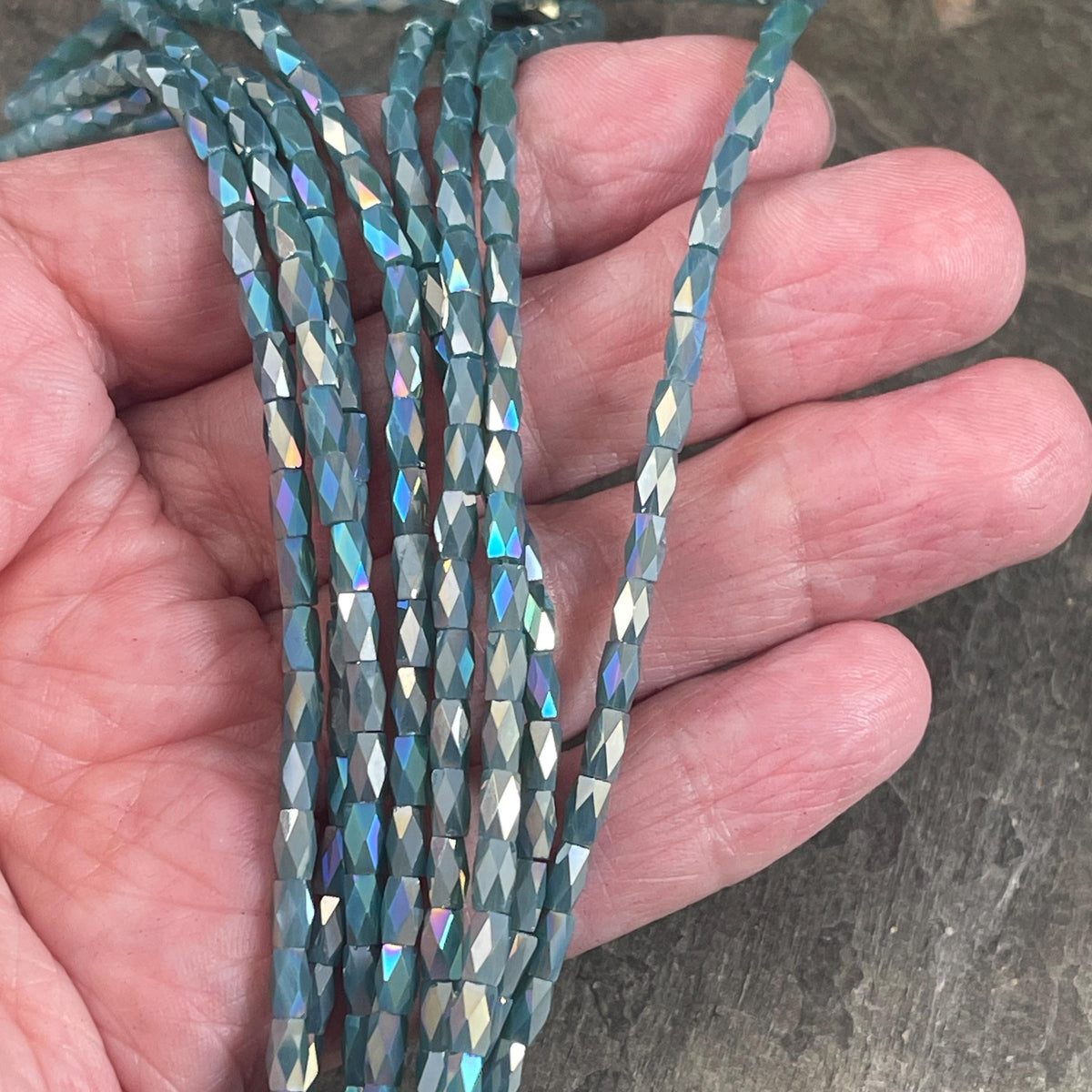 Small Glass Tubes, 5x3mm Faceted Tube Beads, Slate Blue with AB Finish (FGT-SlateAB) * 18" Strand