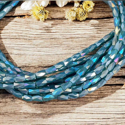 Small Glass Tubes, 5x3mm Faceted Tube Beads, Slate Blue with AB Finish (FGT-SlateAB) * 18" Strand
