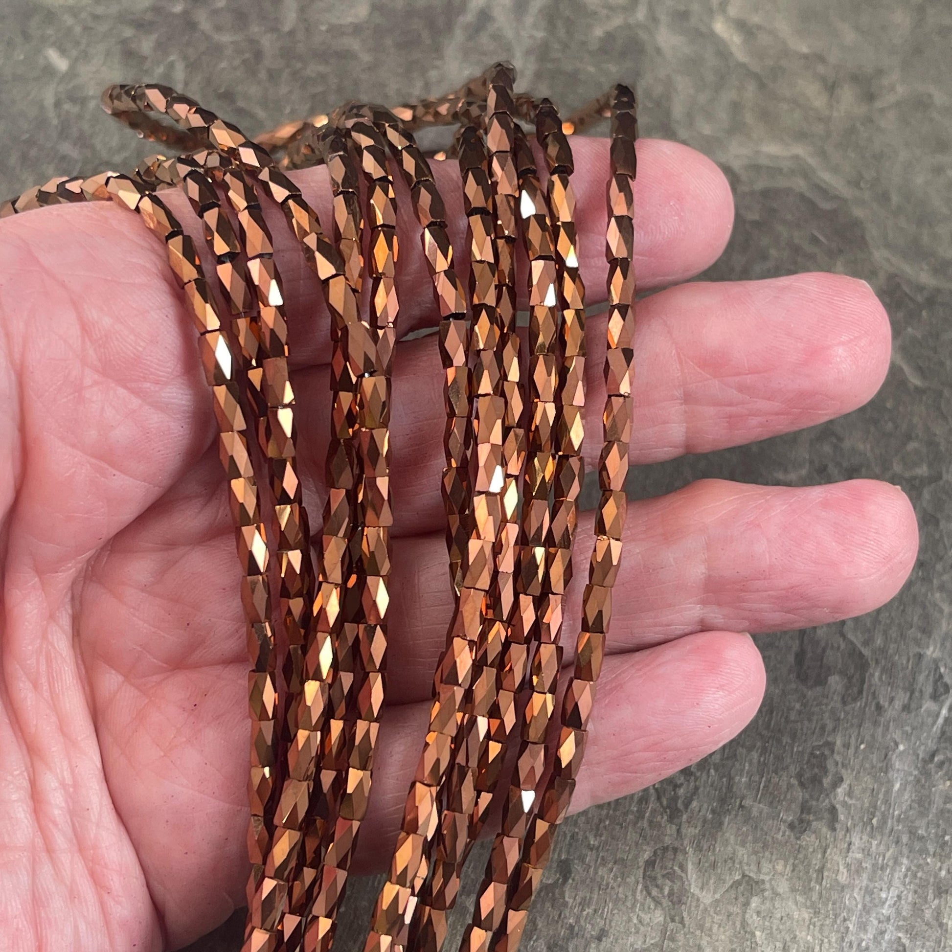 Skinny Faceted Tube Beads, 5x3mm Bronze Metallic Beads, Aged Copper Faceted Glass Beads (FGT-Bronze) * 18" Strand