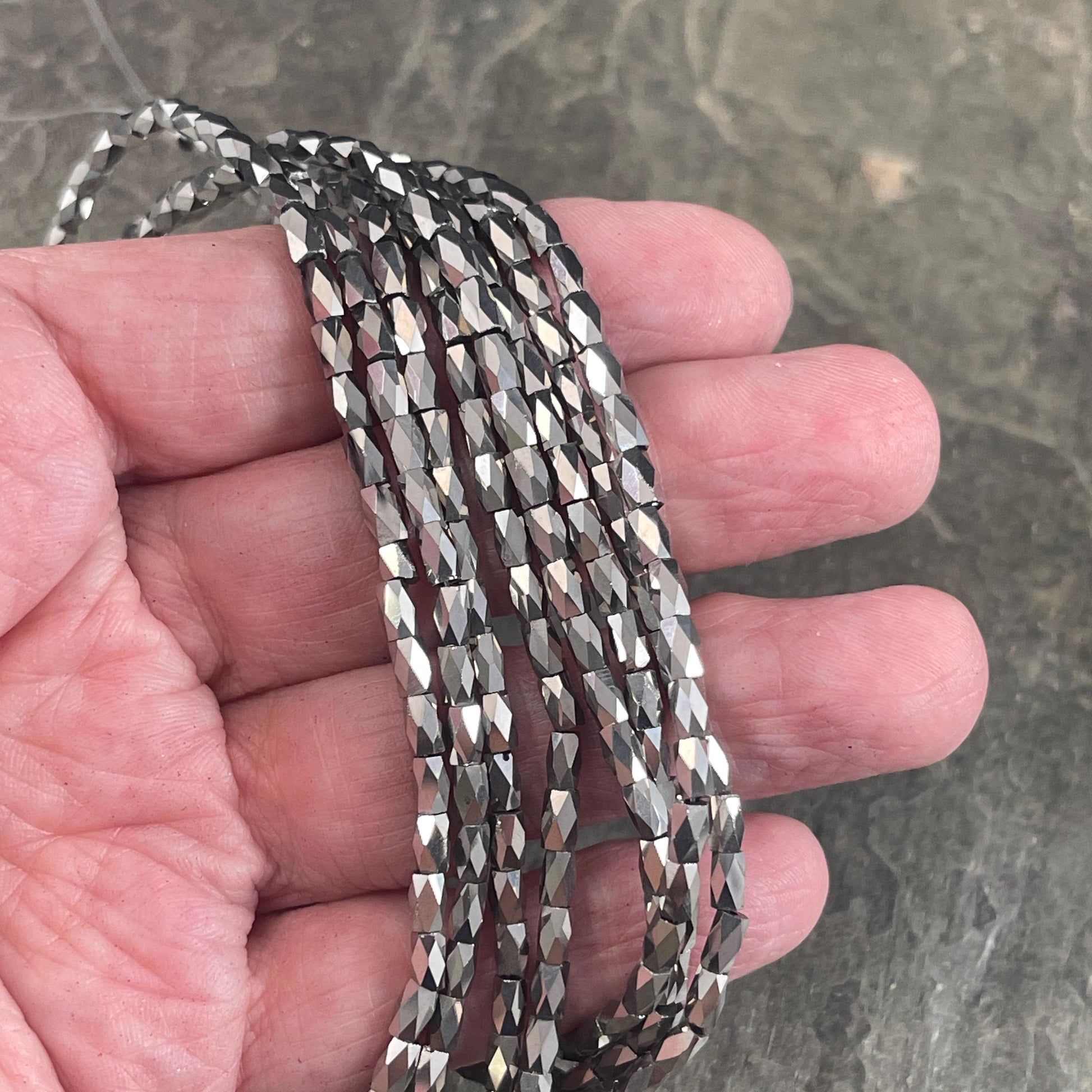 Skinny Faceted Tube Beads, 5x3mm Hematite Gray Beads, Dark Grey Faceted Glass Beads (FGT-Hematite) * 18" Strand