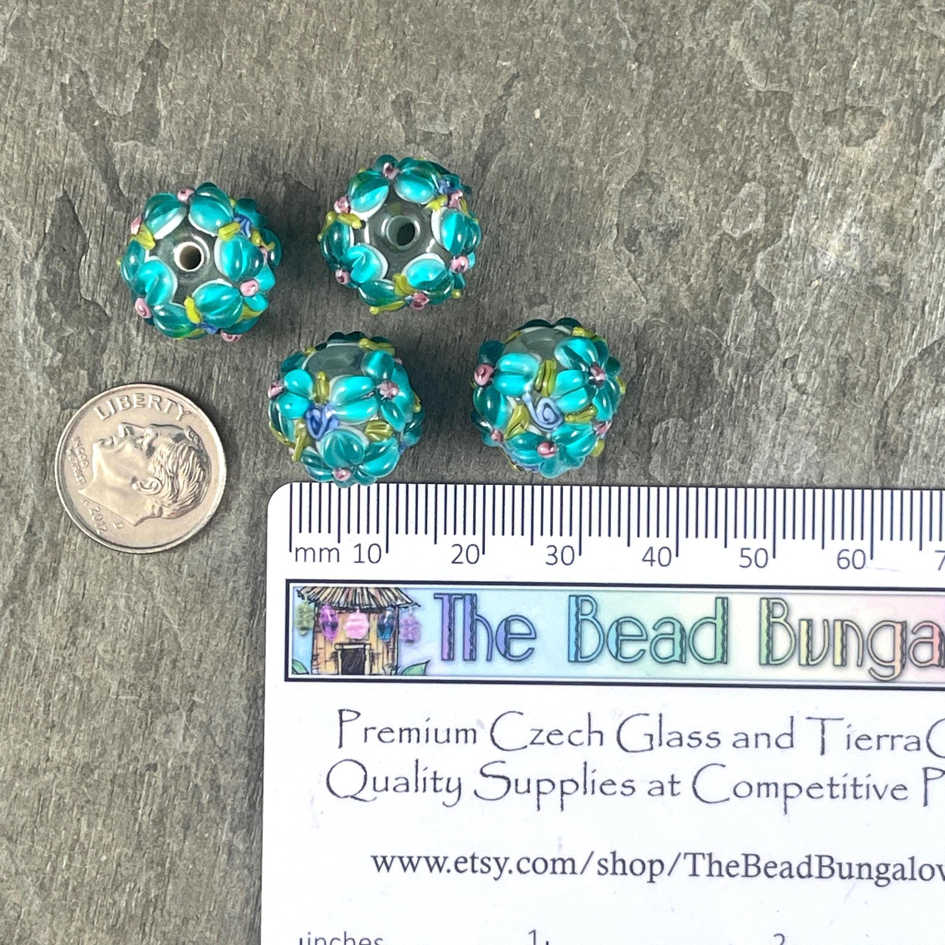Floral Design Aqua Lampwork Beads, 14mm Round, Blue/Green Flower Beads * Qty. 4