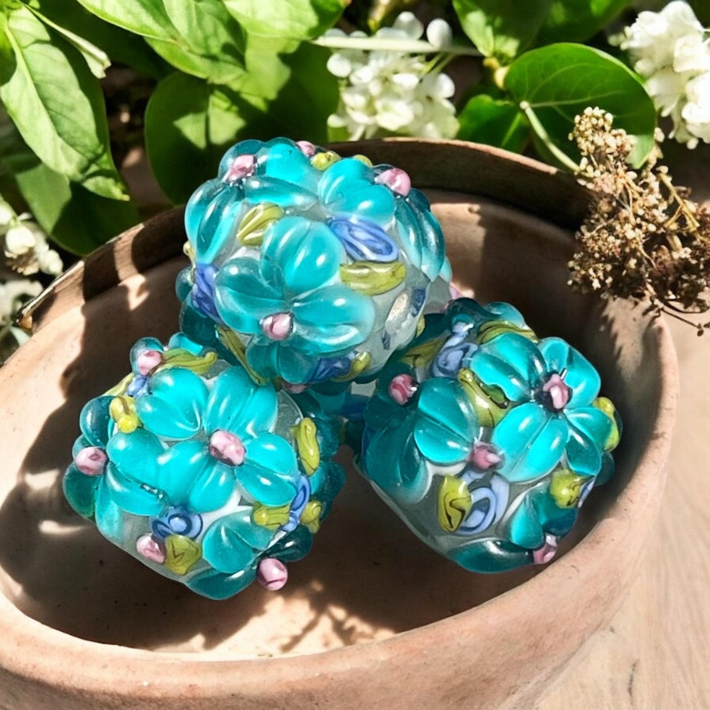 Floral Design Aqua Lampwork Beads, 14mm Round, Blue/Green Flower Beads * Qty. 4