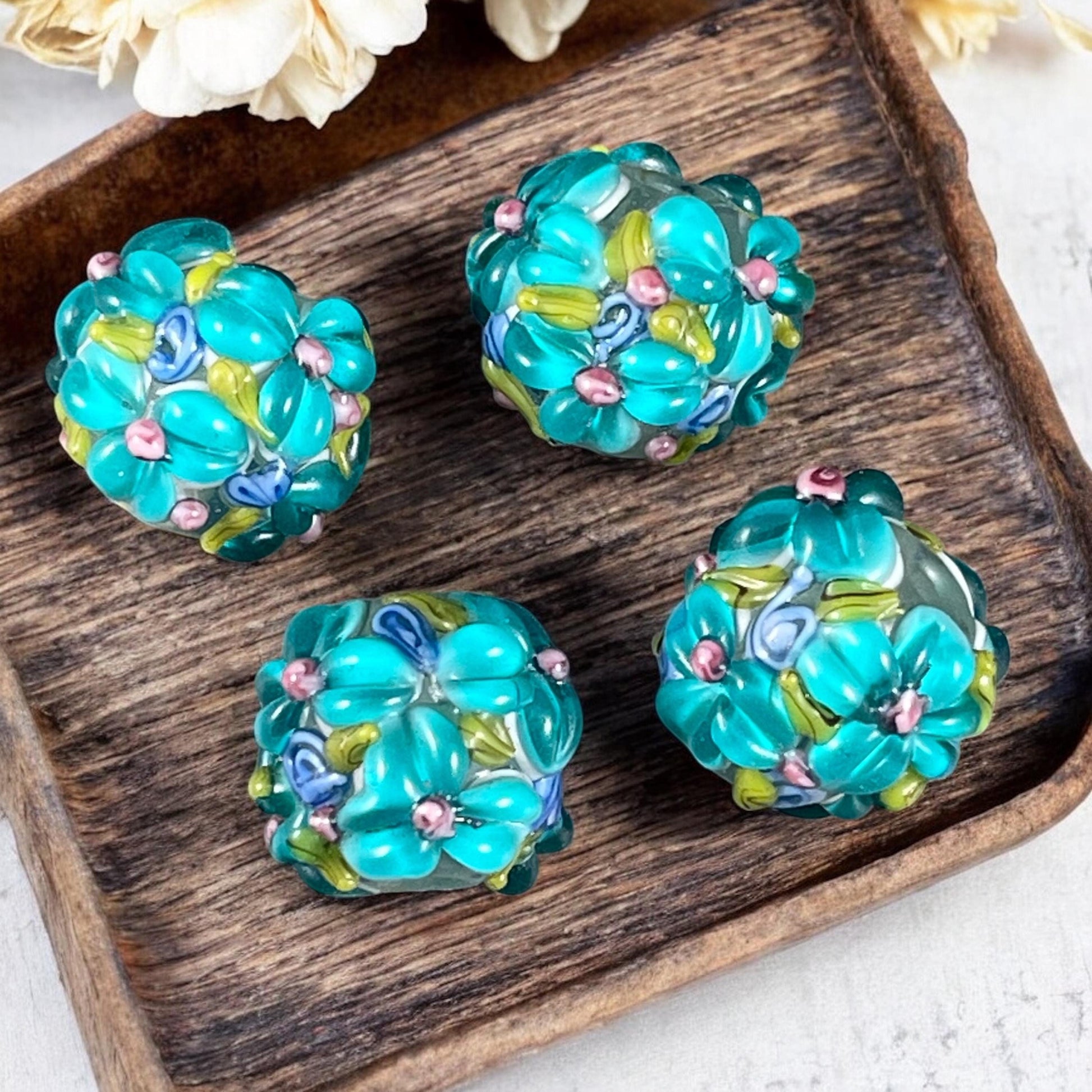 Floral Design Aqua Lampwork Beads, 14mm Round, Blue/Green Flower Beads * Qty. 4