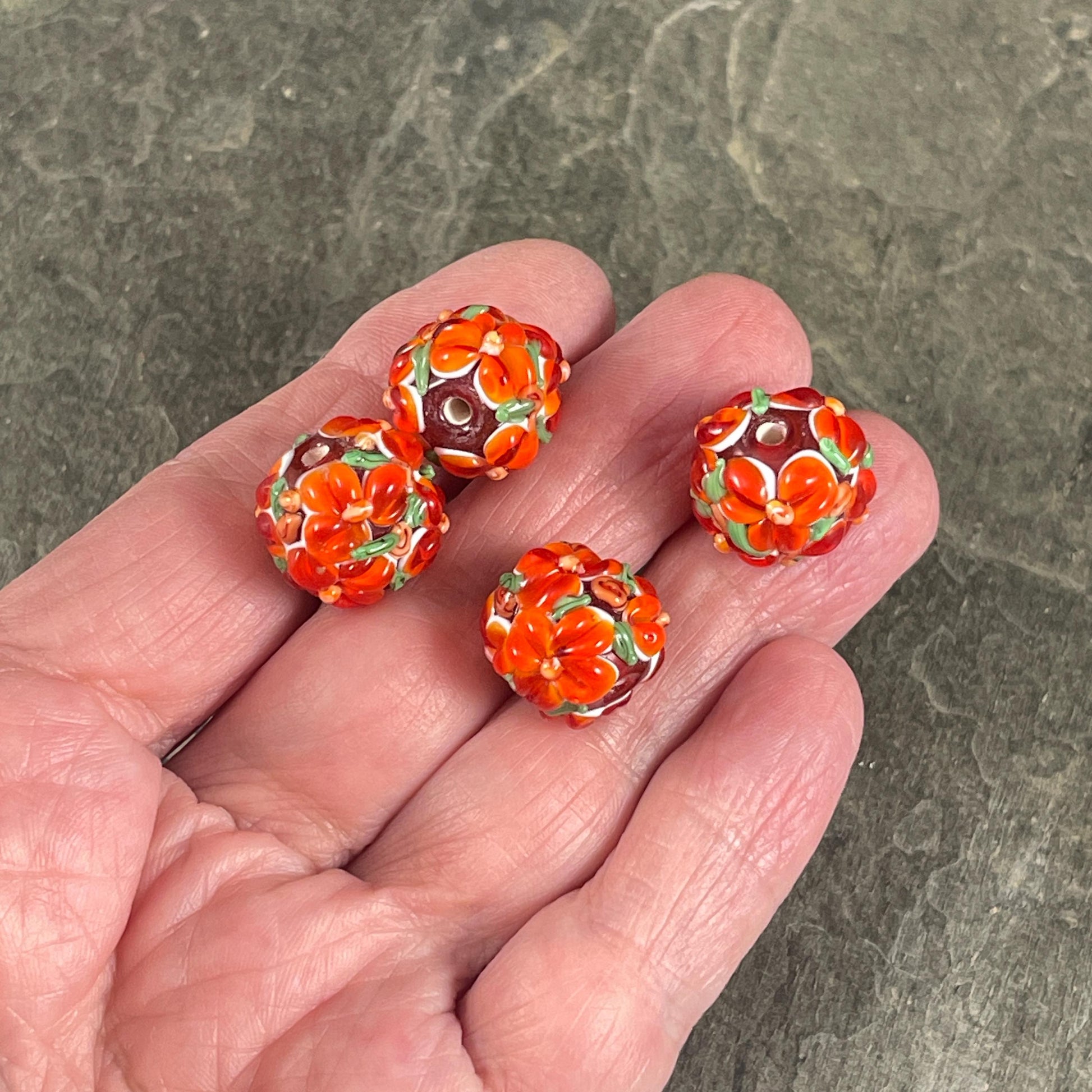 Floral Design Orange Lampwork Beads, 14mm Round, Bright Dark Orange Flower Beads * Qty. 2
